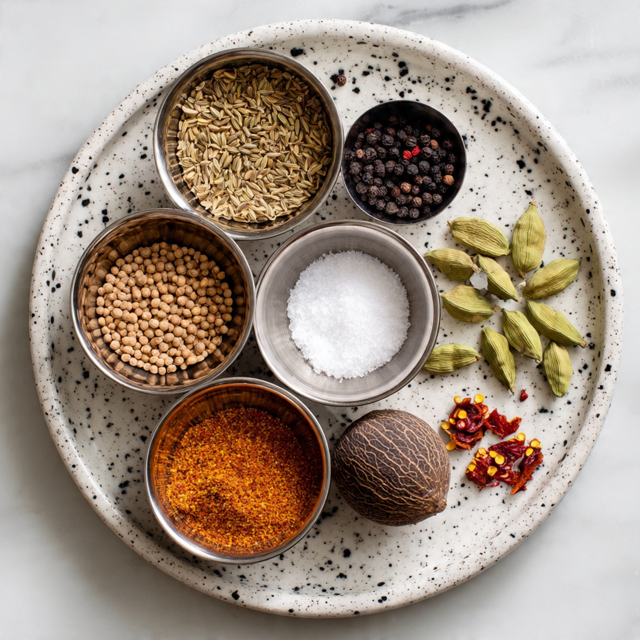 A round white plate with black speckles sits on a white marbled surface, holding six small stainless steel bowls arranged in a circle near the edge. Each bowl contains a different spice: light brown coriander seeds, pale greenish-brown cumin seeds, black peppercorns, white salt, bright red chili flakes with yellow seeds, and dark brown cinnamon powder. Outside the bowls, on the plate, are three whole spices placed near the cinnamon powder bowl—three green cardamom pods, one large dark brown nutmeg, and a small cluster of reddish-brown cloves. The composition is simple and organized with a clean look photo taken with an iphone --ar 4:5 --v 7