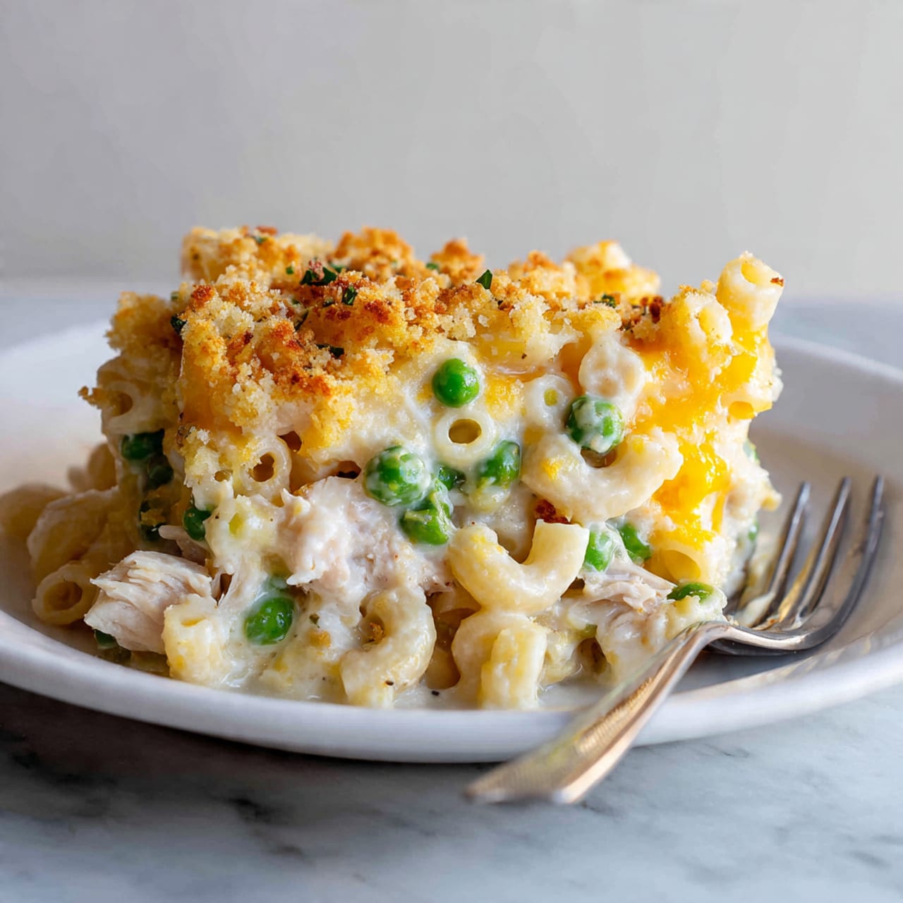 This is a close-up of macaroni casserole on a white plate, showing three main layers. The bottom layer is short, curved elbow macaroni pieces in a creamy white sauce with small green peas mixed in, creating a soft texture and light color base. The middle layer includes small chunks of cooked chicken and more green peas, adding a light brown and bright green contrast. The top layer is sprinkled with golden melted cheddar cheese and light brown breadcrumbs, giving the dish a textured and slightly crunchy look. A silver fork is partially inserted into the right side of the dish on the white marbled surface. photo taken with an iphone --ar 4:5 --v 7