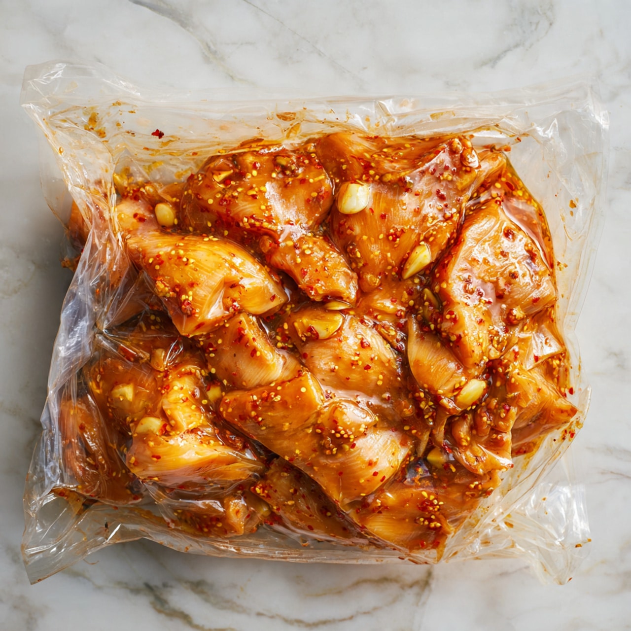 The image shows raw chicken pieces inside a clear plastic bag, marinated in a reddish-brown sauce with visible small pieces of garlic and spices spread throughout. The chicken looks soft and moist, covered evenly with the sauce. The background surface is a white marbled texture. Photo taken with an iphone --ar 4:5 --v 7