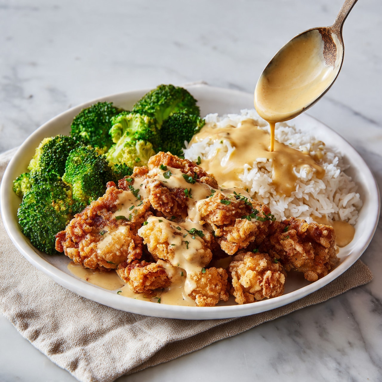 A white plate sits on a white marbled surface, holding a meal with three main parts. On the top left, there are bright green broccoli florets with a bit of sauce lightly poured over them. To the right of the broccoli, there is a portion of plain white rice. The bottom half of the plate is filled with small pieces of reddish-brown cooked chicken, which are covered with a light brown creamy sauce. Thinly sliced green onions are sprinkled over the chicken and sauce. A silver fork is placed on the right side of the plate, partly under the chicken. Nearby, there is a small bowl of light brown sauce and a small bowl filled with sliced green onions. photo taken with an iphone --ar 4:5 --v 7