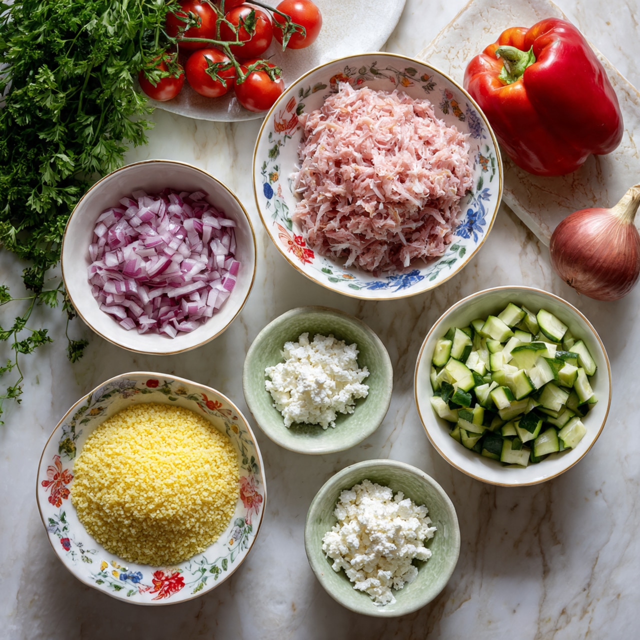 A white plate with two stuffed pepper halves, one yellow and one red, placed side by side. Each pepper half is hollowed out and filled with a mix of beige shredded chicken pieces, small chunks of white cheese, green herbs, diced red onions, chopped green vegetables, and halved red cherry tomato. The filling has a rough, mixed texture with visible bits of parsley scattered on top and around the peppers on the plate. A gold fork is resting next to the red pepper half. The background surface is a white marbled texture. Photo taken with an iphone --ar 4:5 --v 7