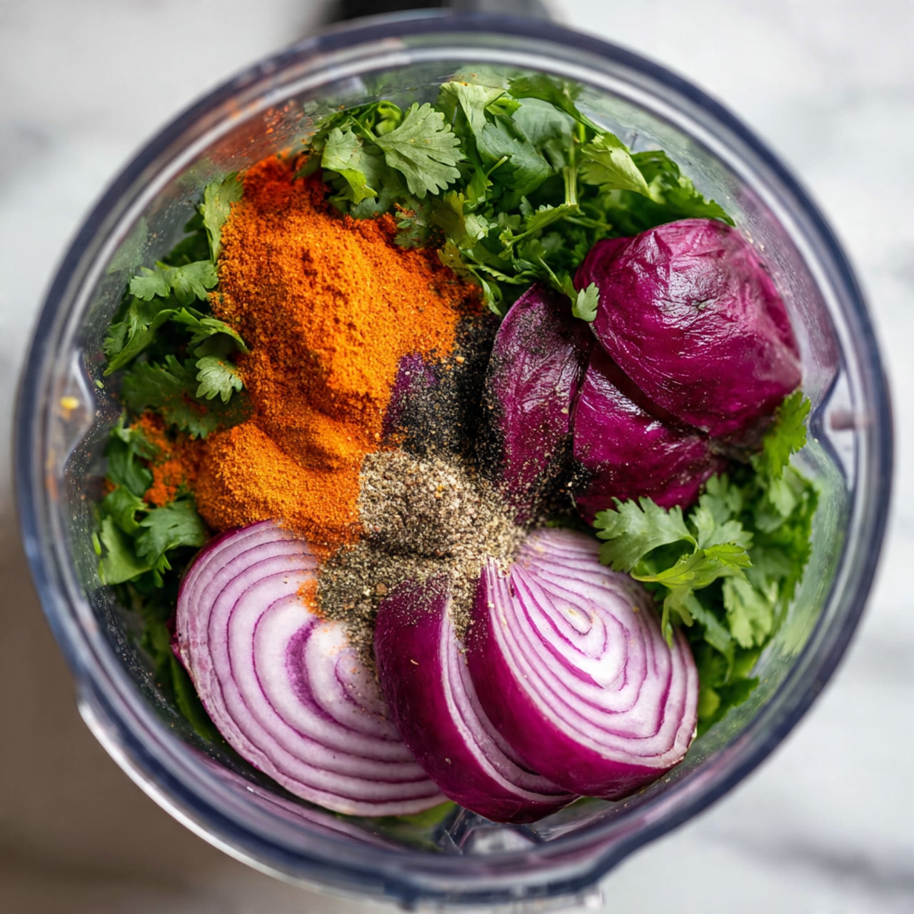 Inside a clear blender jar, fresh bright green cilantro leaves fill the bottom layer, topped with dark red purple sliced onion pieces with visible layers. On top of the cilantro and onion, there are bright orange-red spice powders and a sprinkle of black pepper, creating a colorful mix of green, orange-red, and purple. The blender sits on a white marbled surface, viewed from above with soft, natural light. Photo taken with an iphone --ar 4:5 --v 7