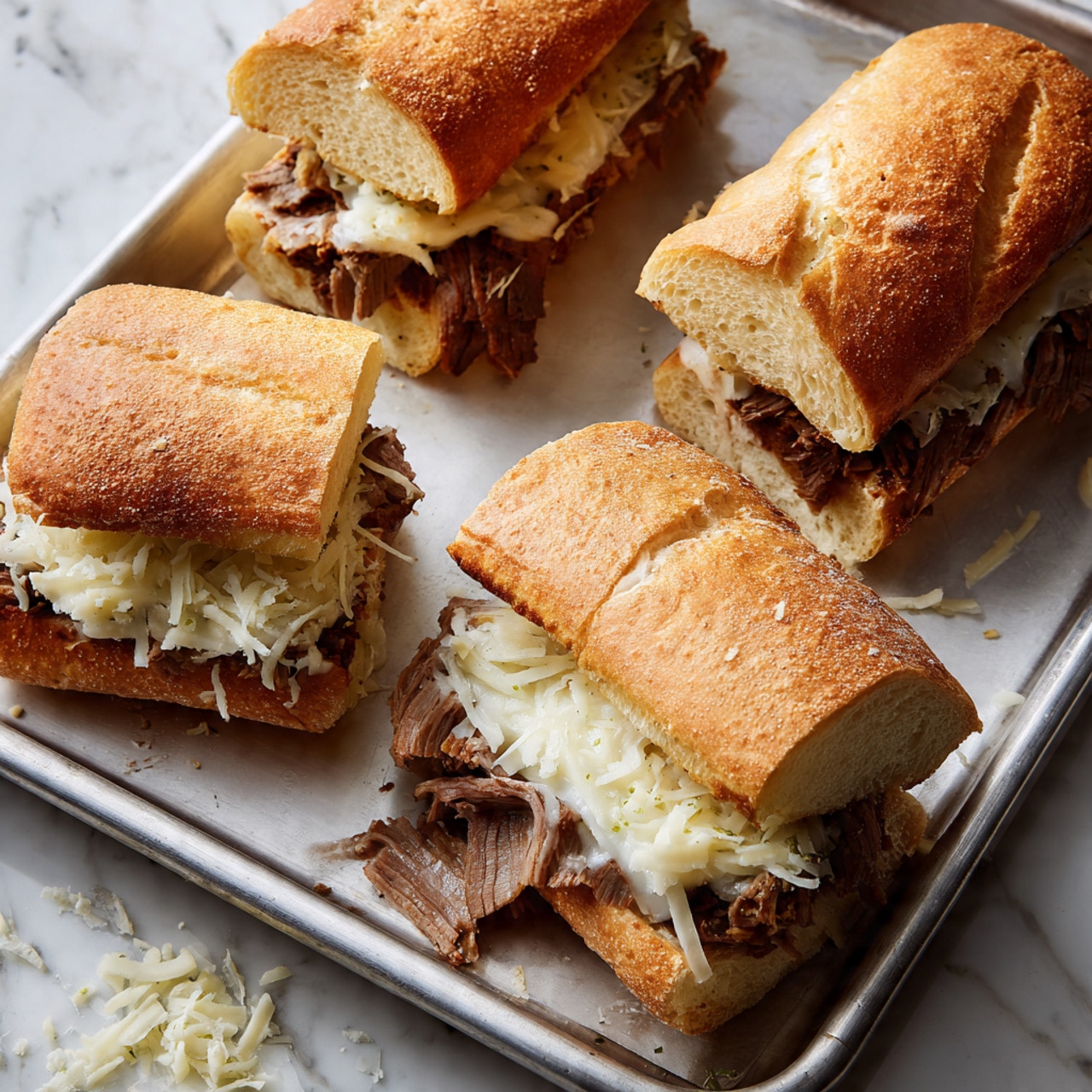 A white oval plate on a white marbled surface holds four sandwiches made with golden brown, crusty baguette rolls. Each sandwich is filled with thin slices of medium-rare beef that look tender and juicy, topped with melted white cheese and small bits of green herbs. In the center of the plate, there is a small white bowl filled with dark brown dipping sauce. One sandwich is broken open slightly at the top, showing the soft, fluffy white inside of the roll. The lighting is bright and natural, highlighting the texture of the bread and filling. Photo taken with an iphone --ar 4:5 --v 7