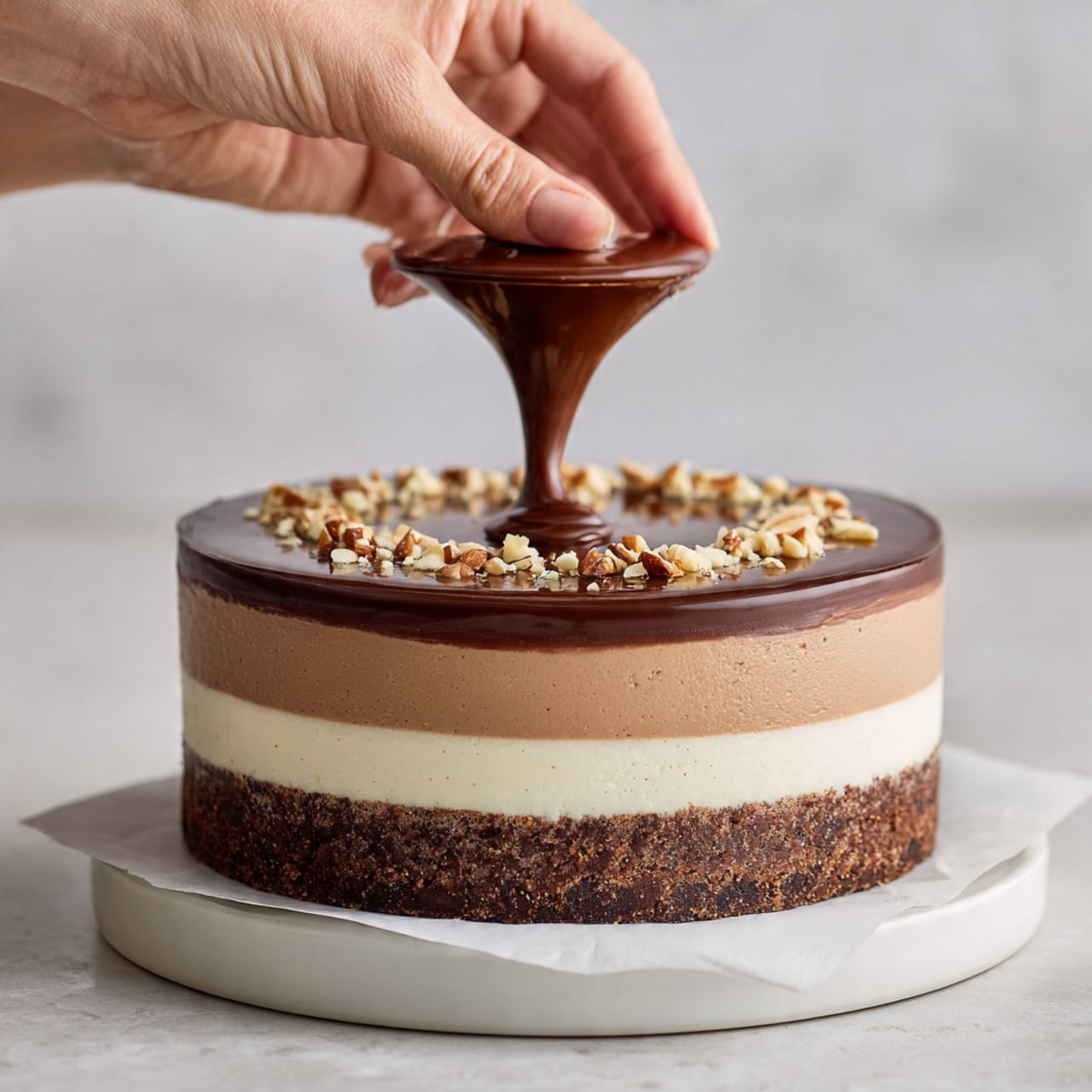 The image shows a rich chocolate mousse cake with three distinct layers. The bottom layer is a dense, dark chocolate crust that looks smooth and firm. The middle layer is a thick, light brown chocolate mousse, fluffy and creamy in texture. The top layer is a shiny, dark chocolate ganache that spreads evenly across the cake. Around the edges, there are dollops of white cream topped with thin drizzles of dark chocolate. Bits of chopped nuts are sprinkled on the top and around the cake. The cake is sitting on white parchment paper over a white marbled surface. photo taken with an iphone --ar 4:5 --v 7