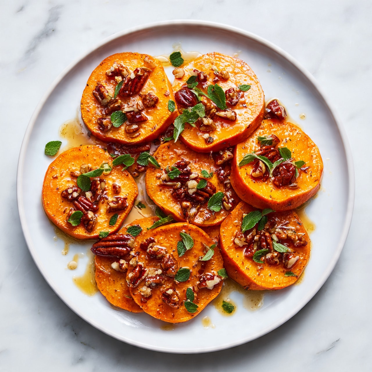 A white plate holds several layers of round sweet potato slices cooked to a bright orange color with slightly darker edges. Each slice is topped with small pieces of pecans that add a mix of light and dark brown colors and a drizzle of sticky, shiny syrup that catches the light. Small green herb leaves are scattered across the potatoes, adding a fresh touch. The plate sits on a white marbled surface. photo taken with an iphone --ar 4:5 --v 7