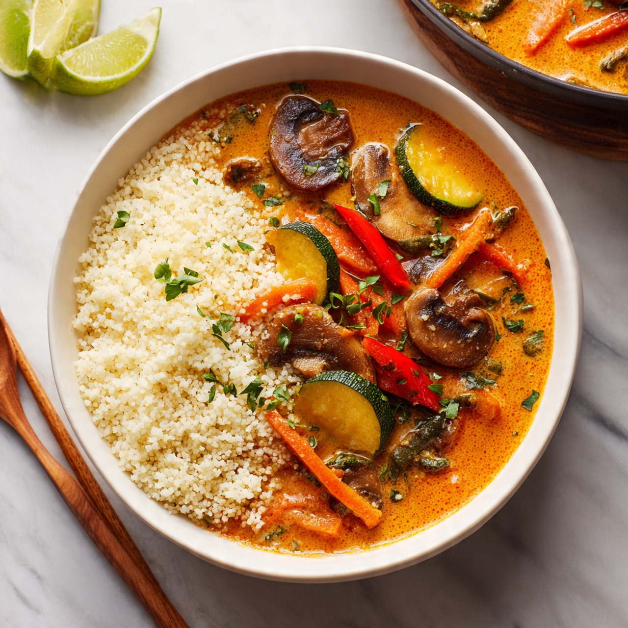 A white bowl holds two main parts: a half portion of soft, white couscous grains on one side, and a colorful creamy stew on the other. The stew layer is thick orange in color and contains different vegetables and strips of dark brown mushrooms, light orange carrot slices, light green zucchini rounds, and thin red bell pepper strips. Small green leaves garnish the stew, adding a fresh touch. The bowl is placed on a white marbled surface with a partial lime half and wooden chopsticks nearby. A large pan with similar stew is blurred in the background. Photo taken with an iphone --ar 4:5 --v 7