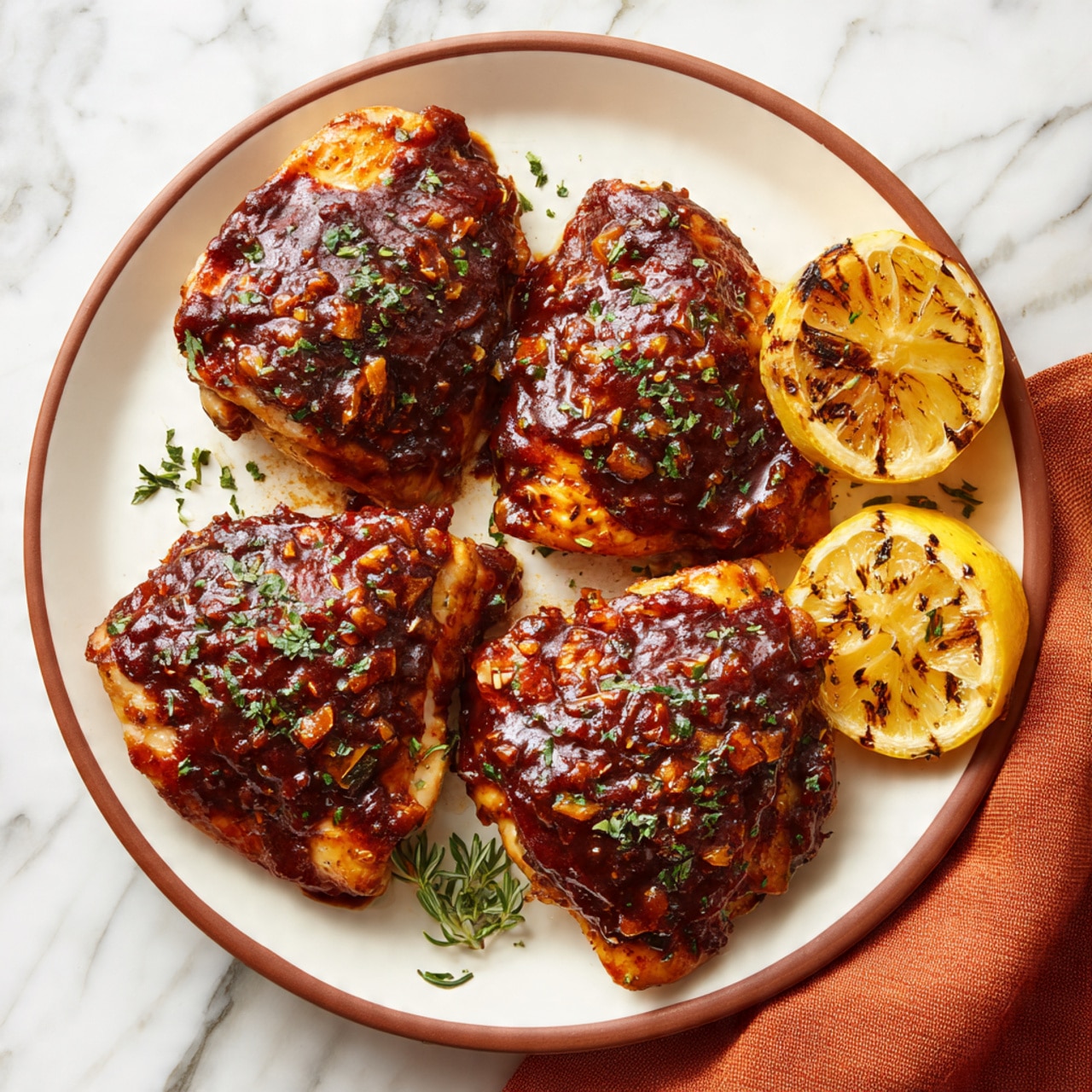 The image shows four pieces of cooked chicken with a shiny, thick reddish-brown sauce coating all over them. The chicken pieces are arranged in a dark pan, glistening with oil and sauce. Each piece has a sprinkling of green herbs on top, adding a touch of color. Around the chicken pieces, thin slices of yellow lemon are placed, some partly under the chicken. The surface of the pan looks textured and slightly oily, showing the rich sauce’s glossiness. photo taken with an iphone --ar 4:5 --v 7