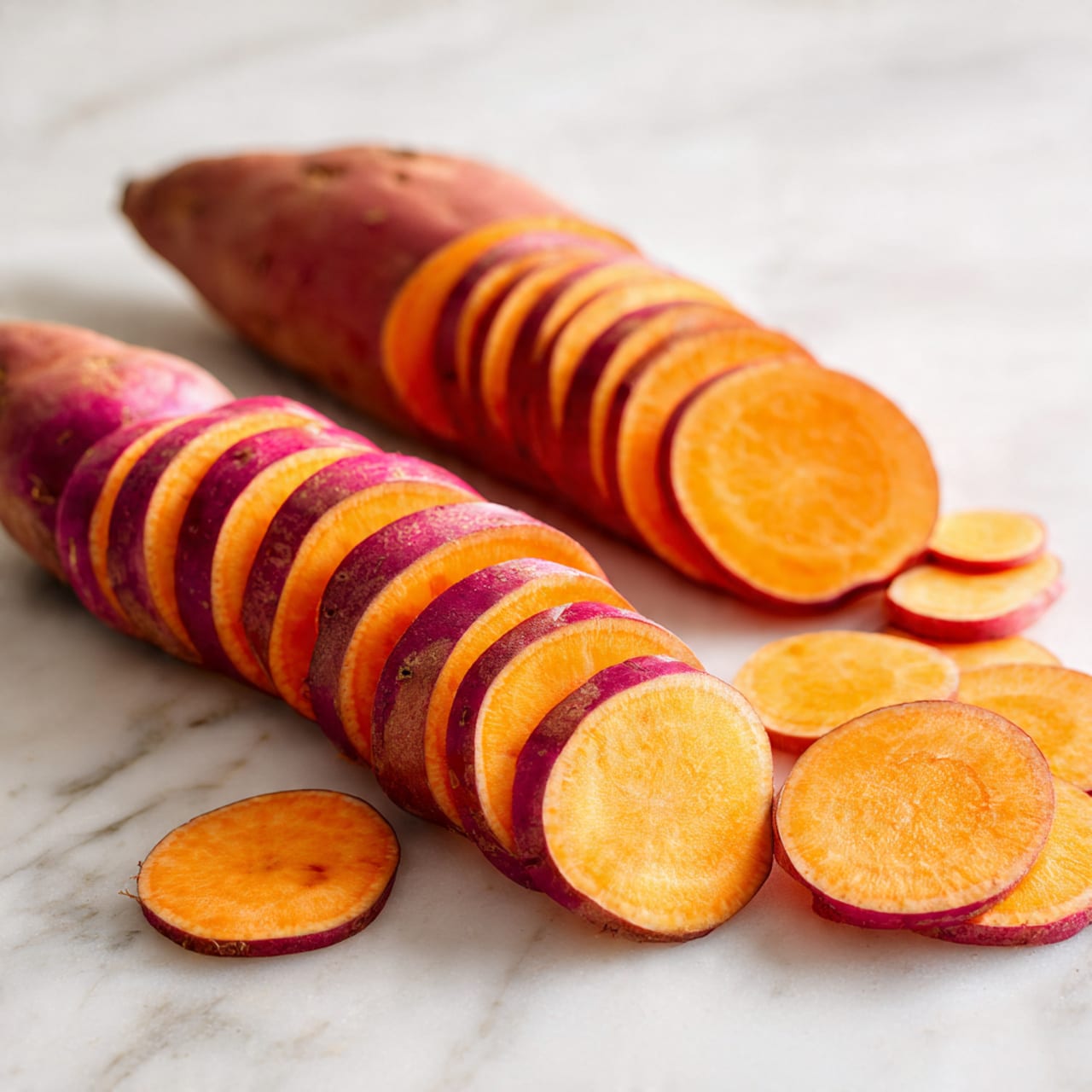 The image shows two long sweet potatoes lying side by side on a white marbled surface. Each sweet potato is sliced into many even rounds, revealing the bright orange inside and the reddish-purple skin. The slices are still arranged in a line, connected as if the sweet potatoes were sliced but not moved. Around the edges, a few loose slices are scattered on the surface, showing round shapes with smooth textures and the same orange color inside. The lighting highlights the vivid colors and fresh look of the sweet potatoes. photo taken with an iphone --ar 4:5 --v 7