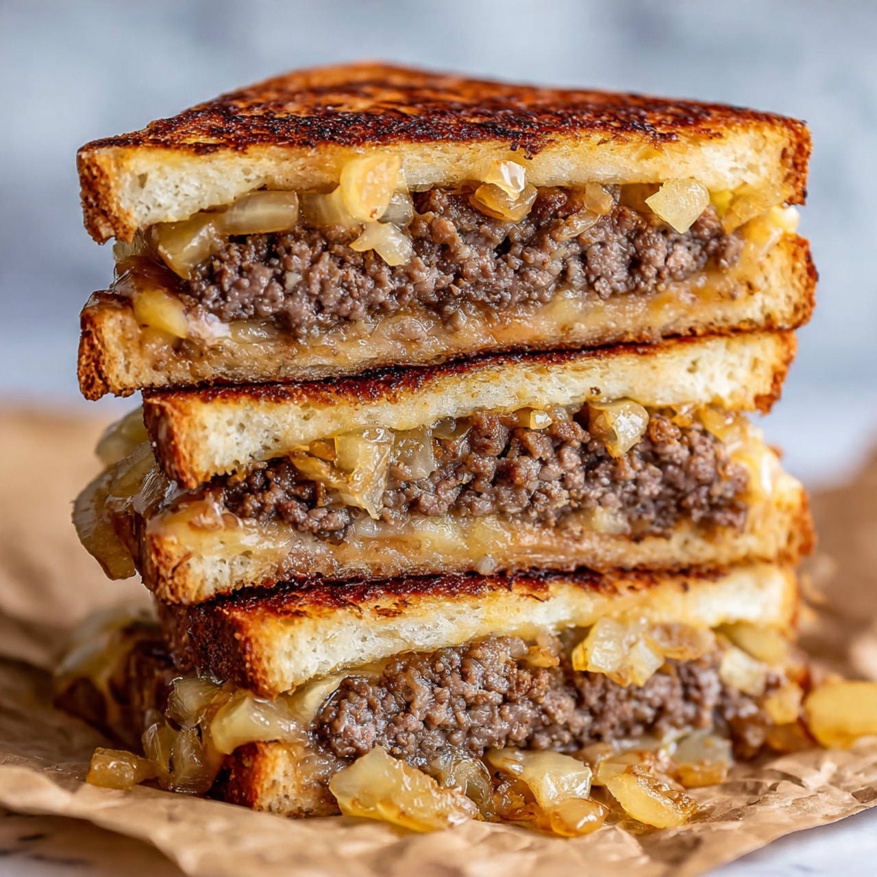 A stack of four grilled sandwiches is shown with each sandwich cut in half and stacked vertically. Each sandwich has a golden-brown toasted bread layer on the top and bottom with a melted white cheese layer just inside the bread. Between the cheese layers is a thick, dark brown cooked meat patty. Some caramelized golden-brown onions are scattered between the layers, adding texture and color contrast. A few onion pieces and some melted cheese are oozing out slightly from the sandwiches. The stack rests on crumpled light brown parchment paper on a white marbled surface. photo taken with an iphone --ar 4:5 --v 7