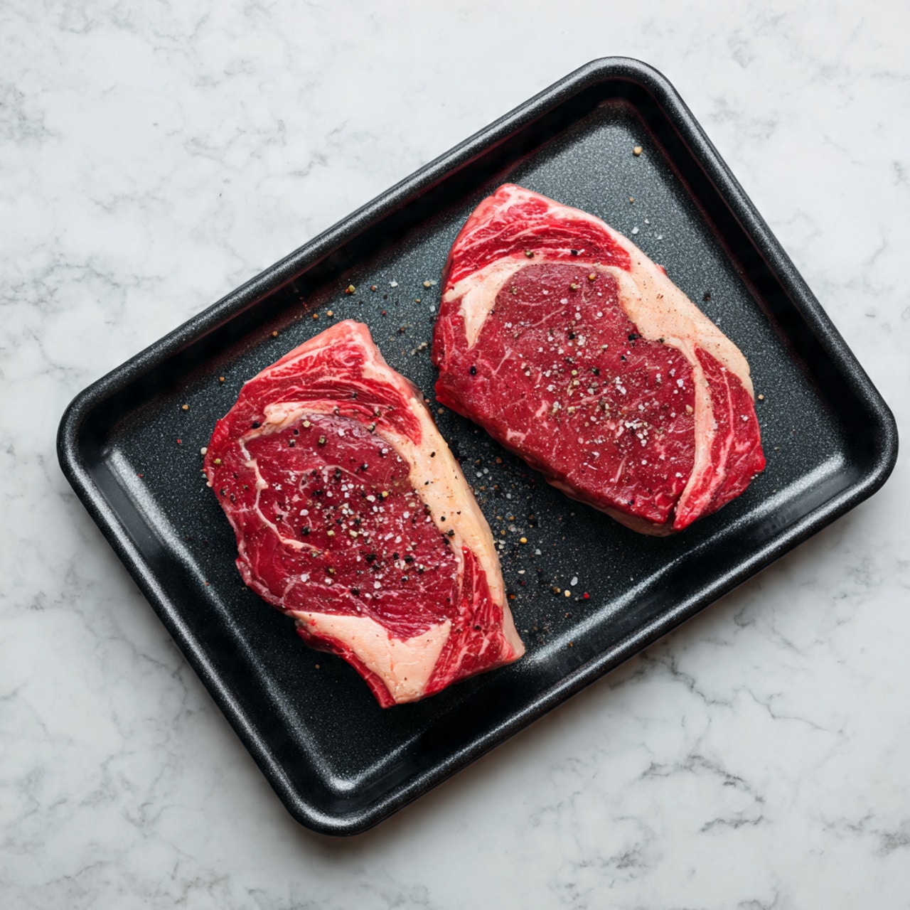 Two raw steaks with marbled fat and seasoned with black pepper lie flat on a black metal baking tray, showing rich red and white marbling details on each piece. The tray rests on a white marbled texture surface. photo taken with an iphone --ar 4:5 --v 7