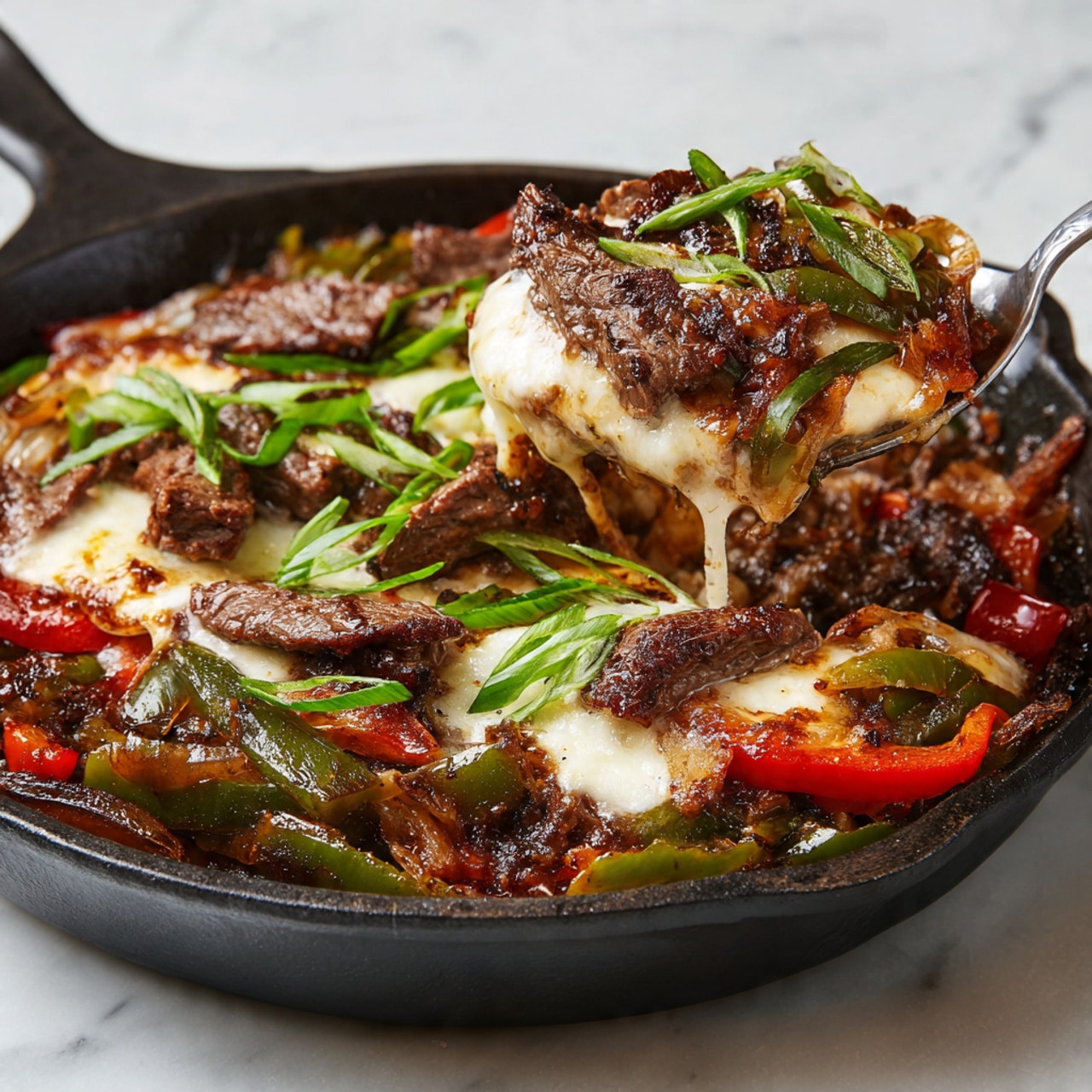 The image shows a black cast iron skillet filled with a layered dish. The base layer includes cooked green and red bell pepper strips mixed with onions, all soft and slightly shiny. On top, there are several pieces of browned, sliced cooked beef scattered evenly. A melted white cheese covers much of the vegetables and meat, creating a creamy layer with parts slightly browned. Green chopped scallions are sprinkled on top, adding a fresh touch. A metal spoon is scooping some of the layers, showing the mix of the meat, peppers, and cheese. The skillet sits on a white marbled surface. Photo taken with an iphone --ar 4:5 --v 7
