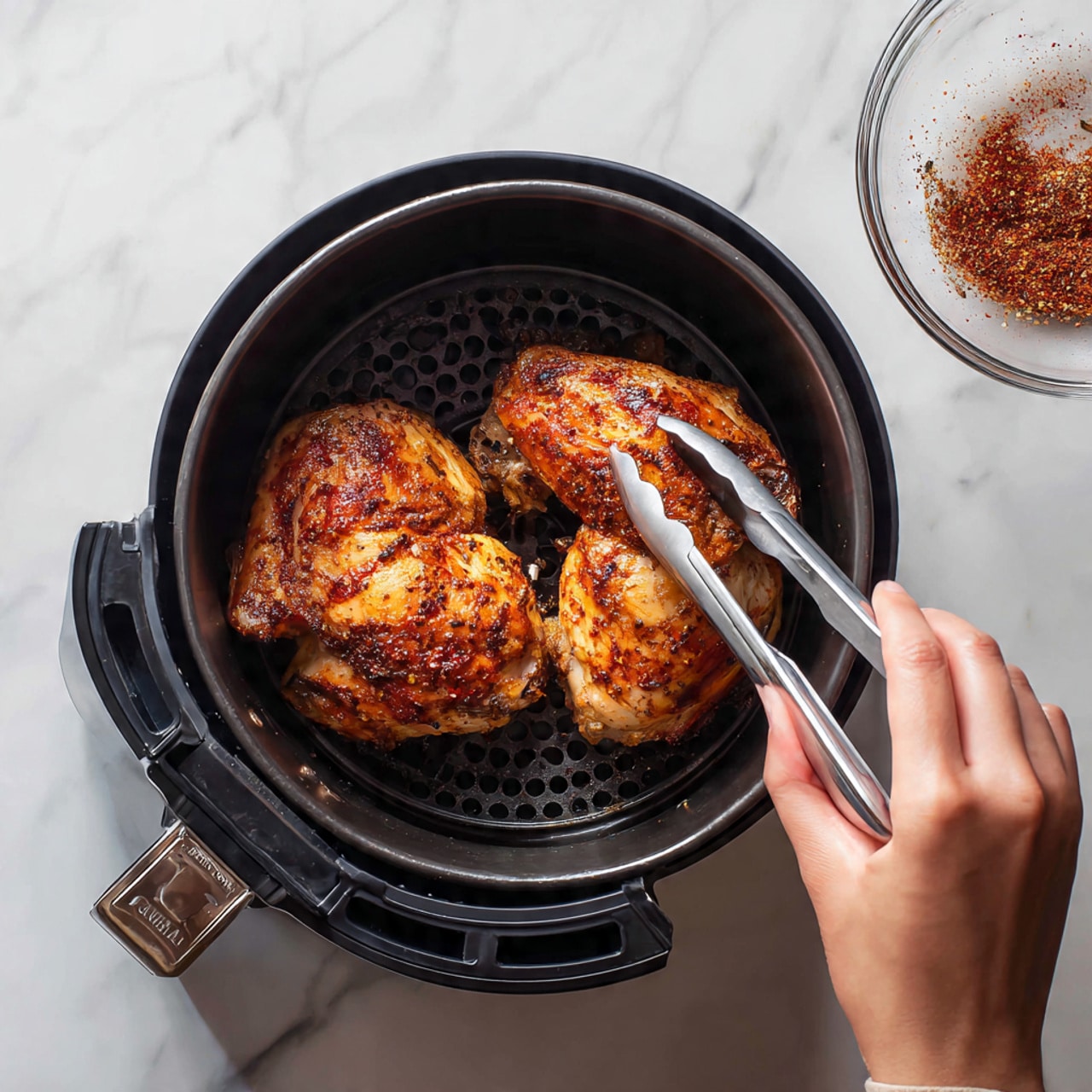 The image shows two pieces of seasoned cooked chicken with a reddish-brown color and a slightly crispy texture placed inside a black air fryer basket with a patterned base. A woman's hand holding silver tongs is gently placing or adjusting one piece of chicken. To the right, there is a clear glass bowl with leftover reddish seasoning on the sides, sitting on a white marbled surface. The lighting highlights the golden hues of the cooked chicken, giving a warm and fresh look. photo taken with an iphone --ar 4:5 --v 7
