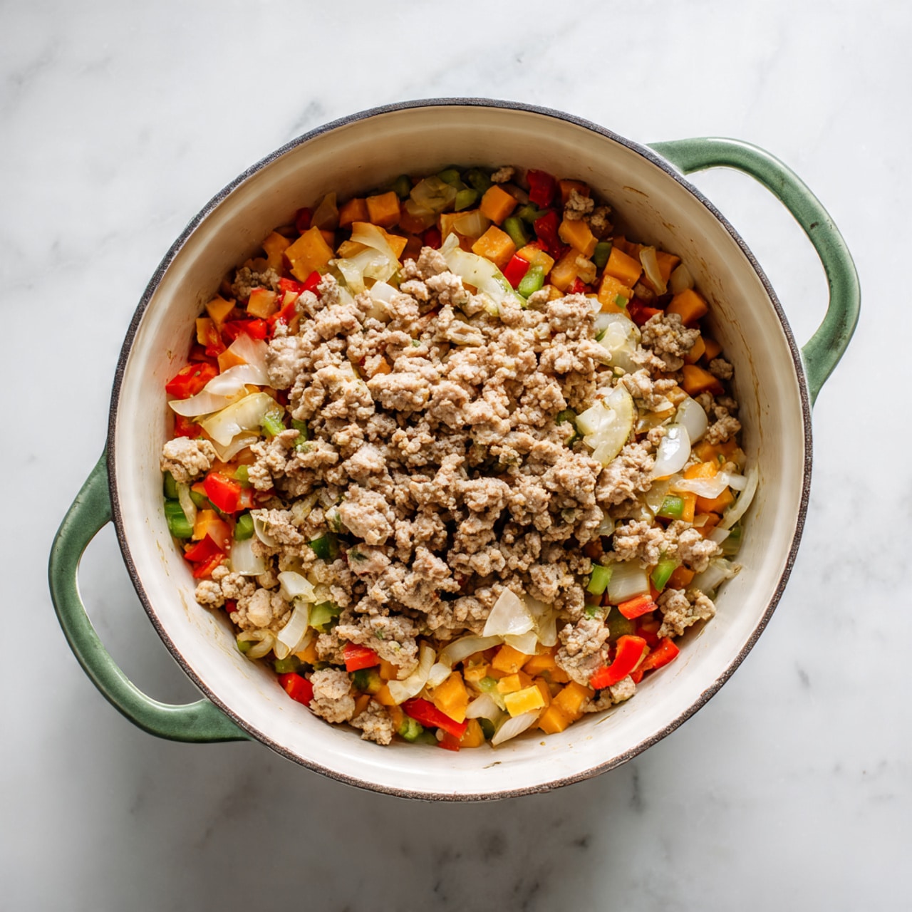 The image shows a white pan filled with a colorful hash dish featuring three sunny-side-up eggs with bright yellow yolks and white edges, surrounded by orange roasted sweet potato cubes, browned sausage pieces, and slices of avocado with a light green color. Red bell pepper strips, green herbs, and bits of cooked onion add extra texture and color throughout. A fork and knife with wooden handles are placed on the pan, with the fork cutting into one egg yolk, making it run slightly. The dish sits on a white marbled surface, making the colors of the food stand out. photo taken with an iphone --ar 4:5 --v 7