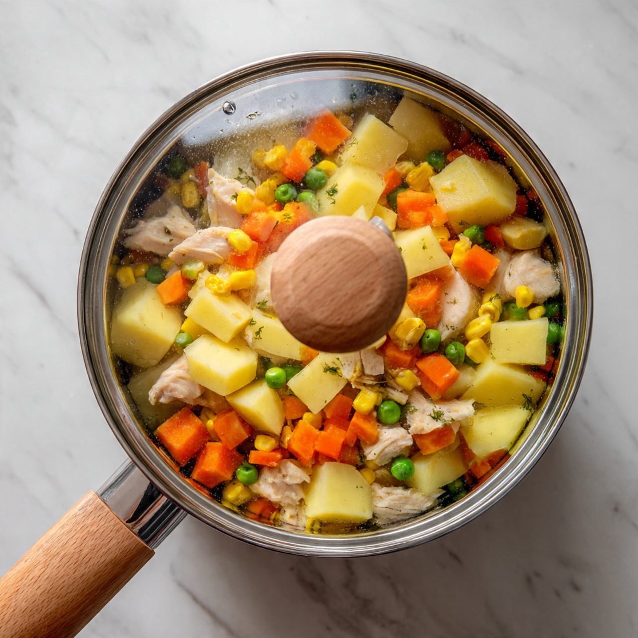 A white bowl holds a dish with two large pieces of cooked chicken seasoned with herbs and black pepper, placed on top of a colorful mix of diced carrots, green peas, corn, and large yellow potato chunks, all soaked in light brown broth. A silver spoon rests in the bowl on the right side, partially covered by the broth and vegetables. The bowl sits on a green and white checkered cloth over a white marbled surface. photo taken with an iphone --ar 4:5 --v 7