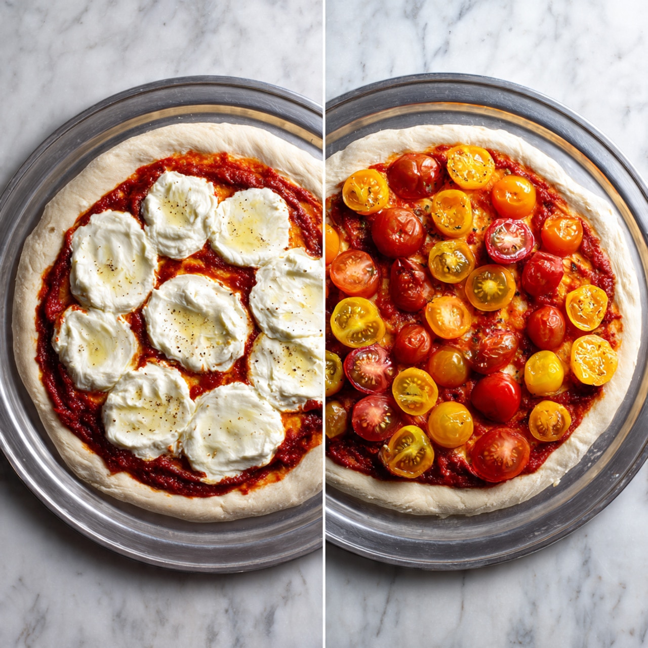 The image shows two stages of making a pizza on a round silver tray placed on a white marbled surface. The pizza dough has a light beige color and is spread out evenly with a slightly thicker edge. In the first stage, the dough is covered with a smooth, bright red tomato sauce layer, topped by seven thick slices of white, soft cheese arranged in a somewhat circular pattern. In the second stage, colorful halved cherry tomatoes in shades of red, orange, and yellow are scattered evenly over the cheese, adding vibrant color and texture contrast to the pizza. photo taken with an iphone --ar 4:5 --v 7