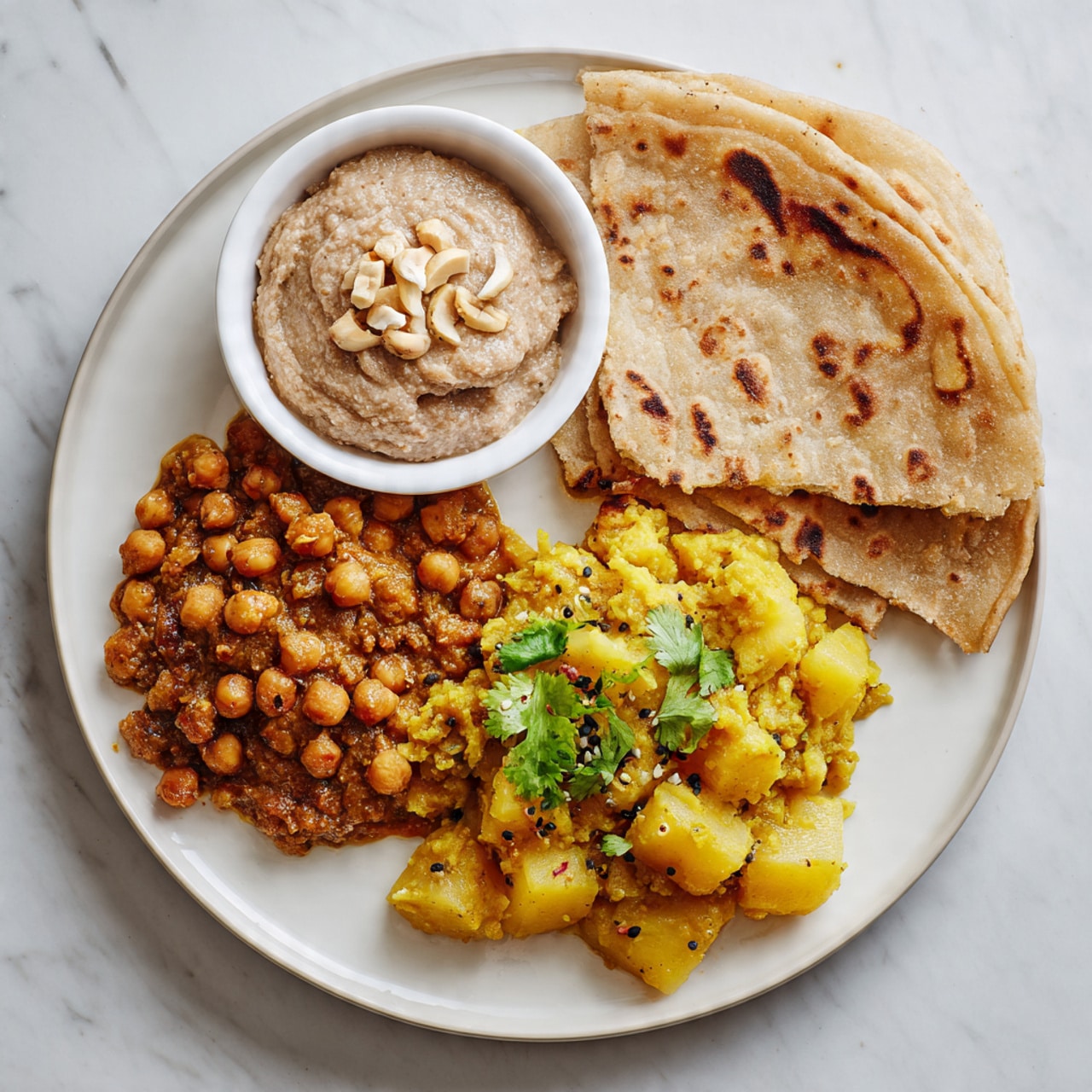The image shows a bowl full of chickpea curry with a thick, golden-brown sauce covering the round chickpeas, making most of them shiny and soft in texture. The chickpeas are layered densely and evenly in the bowl. On top, there are a few thin, light purple slices of onion placed neatly in the center. The bowl is white with a blue and turquoise patterned rim, and the surface beneath it has a white marbled texture. photo taken with an iphone --ar 4:5 --v 7