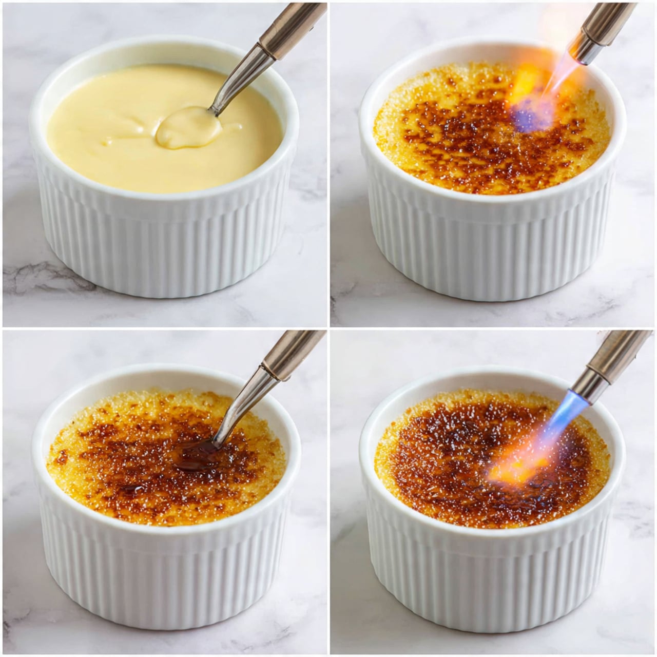 There are four white bowls filled with creamy yellow custard topped with a shiny, caramelized brown sugar layer. Each bowl has a bright red raspberry and fresh green mint leaf on top as decoration. One bowl in the center has a spoon scooping out the soft custard underneath the crispy top. The bowls sit on a light grey cloth with extra fresh raspberries and green mint leaves scattered around. Small white flowers add a delicate touch to the scene on a white marbled surface. Photo taken with an iphone --ar 4:5 --v 7