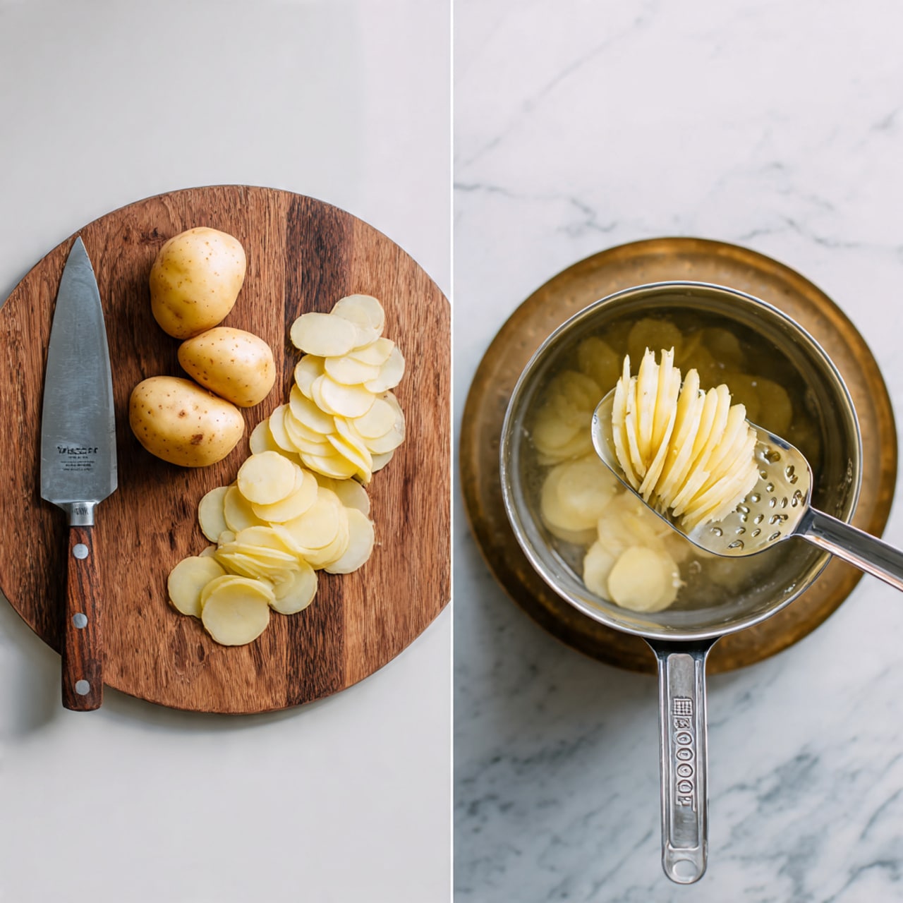 The image shows two side-by-side photos. On the left, there is a wooden round cutting board with three whole small potatoes and many thin potato slices spread out. A large knife with a wooden handle rests on the cutting board's left side. On the right, a metal pot filled with water is placed on a brass trivet on a white marbled surface. Inside the pot are potato slices being lifted with a slotted spoon that has a metal handle. The background is a white marbled surface. photo taken with an iphone --ar 4:5 --v 7