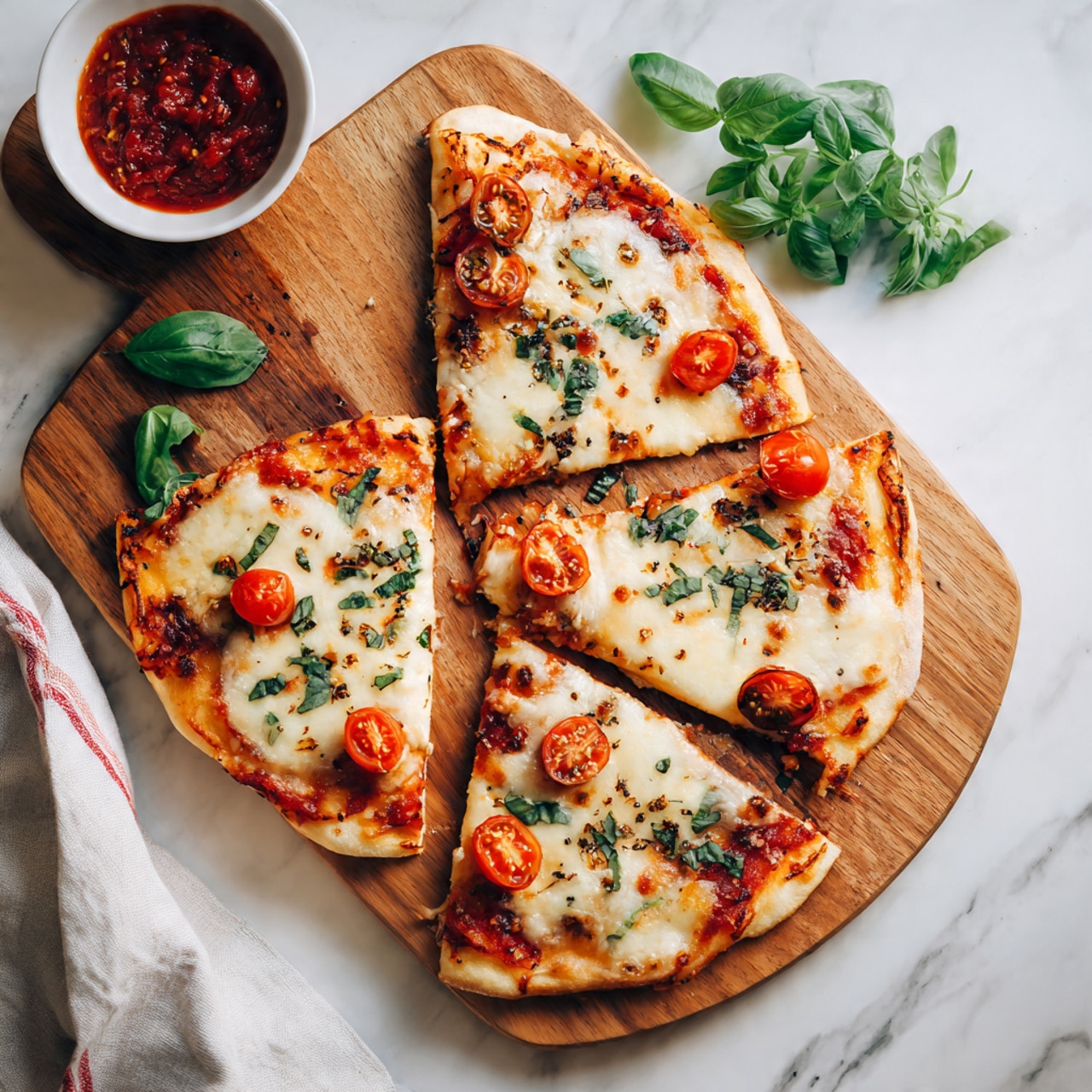 A round pizza is on a white plate with a light gray rim, placed on a white marbled surface. The pizza has one thick crust layer at the bottom in a light brown color. On top of the crust is a red tomato sauce layer spread evenly. Above the sauce, there is a layer of white melted cheese with a smooth texture, dotted with slices of red, orange, and yellow cherry tomatoes. Fresh green basil leaves are scattered across the pizza as the final layer. In the background, another white plate holds five triangular slices of the pizza, each showing the same layers and toppings. A glass with a light yellow drink is near the pizza, and some cherry tomatoes on the vine sit nearby. Photo taken with an iphone --ar 4:5 --v 7
