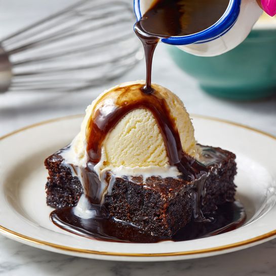 A close-up view of a single square piece of dark, moist chocolate cake on a white plate with a thin gold rim, topped with a round scoop of pale yellow vanilla ice cream. Thick, glossy dark chocolate sauce is being poured from a blue and white small cup by a woman's hand with pink nail polish, covering the ice cream and dripping onto the cake below. The background shows a blurred green bowl and a metal whisk, all set on a white marbled surface. photo taken with an iphone --ar 4:5 --v 7