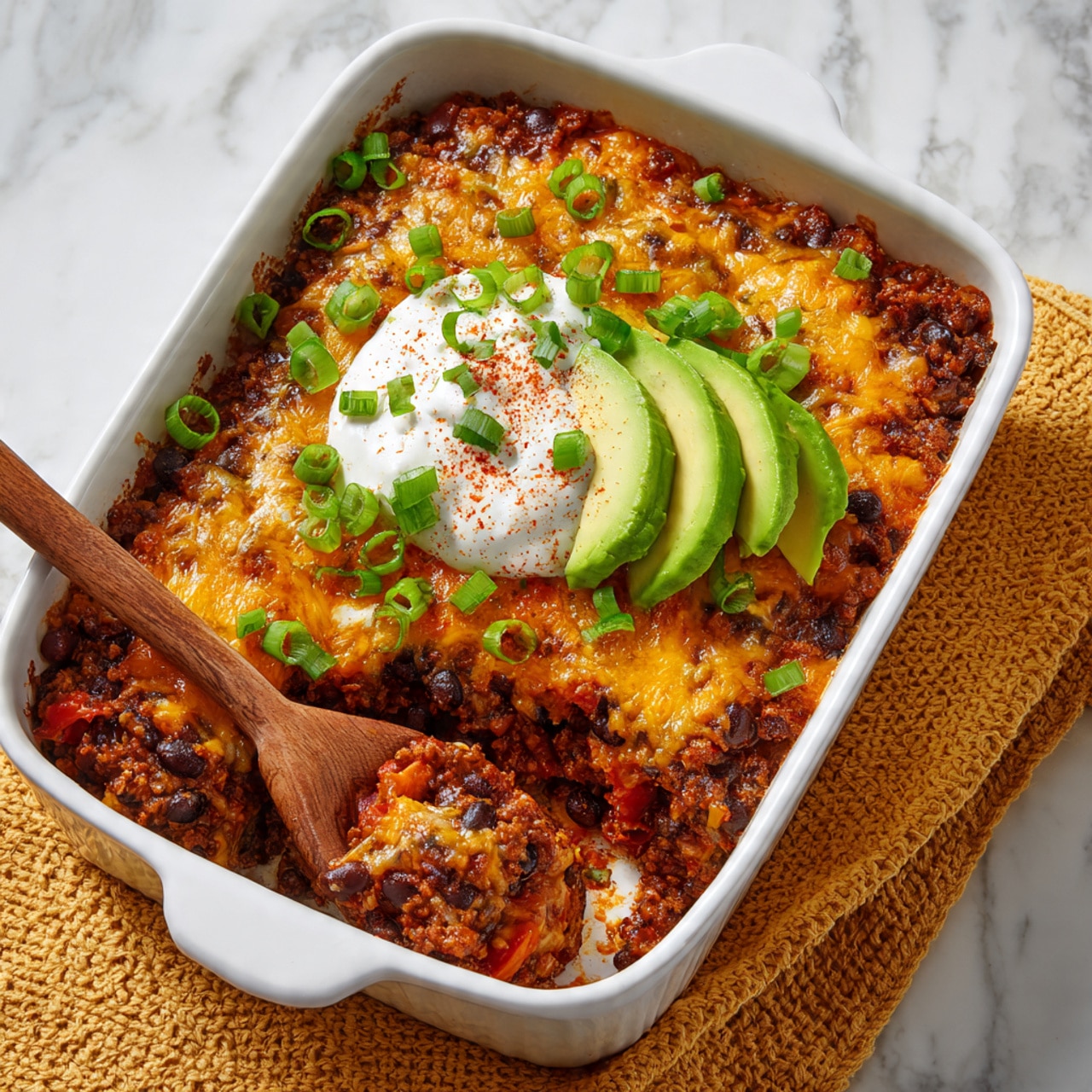 The image shows a white rectangular baking dish filled with a layered casserole. The bottom layer is dark brown beans mixed with red bell pepper pieces, topped with a thick layer of melted yellow and light brown cheese. Dollops of white sour cream with a pinch of red spice are spread evenly across the surface. There are also slices of fresh green avocado arranged in small groups on top. Chopped green onions are sprinkled over the dish, adding contrast to the warm colors. The dish is placed on a white marbled surface with a mustard-colored textured cloth beside it. Photo taken with an iphone --ar 4:5 --v 7