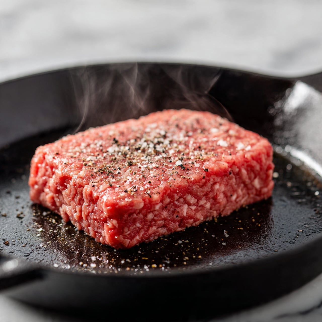 A close-up view of raw ground meat shaped into a flat rectangular block lying in the center of a black cast iron pan. The meat has a rough texture with visible small lumps and is sprinkled evenly with coarse black pepper and salt. The pan surface has a slight shine from oil with gentle steam rising around the edges of the meat. The background is a white marbled texture. photo taken with an iphone --ar 4:5 --v 7