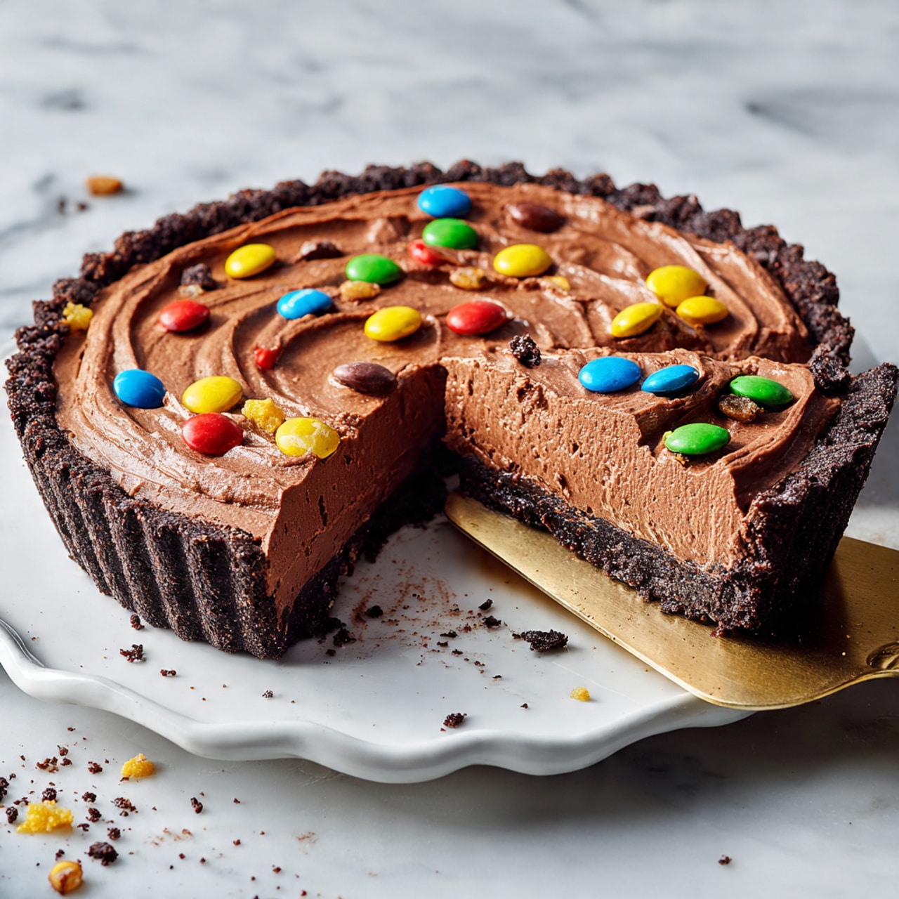 A slice of rich chocolate tart sits on a white scalloped plate with a small gold fork resting on the edge. The tart slice has a thick dark brown chocolate base with a glossy, smooth texture. On top, there are generous swirls of light brown chocolate cream, decorated with colorful candy pieces in pastel yellow, pink, and white, as well as some small bits of nuts. In the background, the remaining tart is visible on a white fluted tart dish, showing the same thick chocolate layer and cream swirls around the edge. The whole scene is set on a white marbled surface. Photo taken with an iphone --ar 4:5 --v 7
