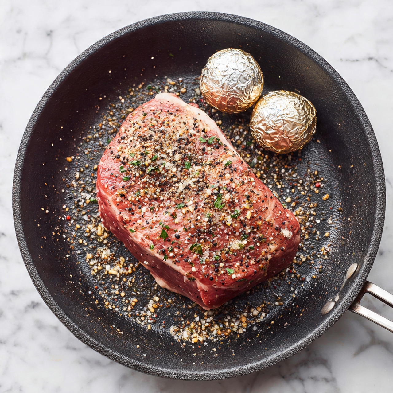 A large piece of seasoned raw meat lies in the center of a black cast iron pan, coated with a mix of black pepper, salt, and herbs giving it a speckled brown and green texture. Two small balls of aluminum foil are positioned near the top right edge of the pan. The pan rests on a white marbled surface, enhancing the contrast with the dark pan and the seasoned meat inside. photo taken with an iphone --ar 4:5 --v 7