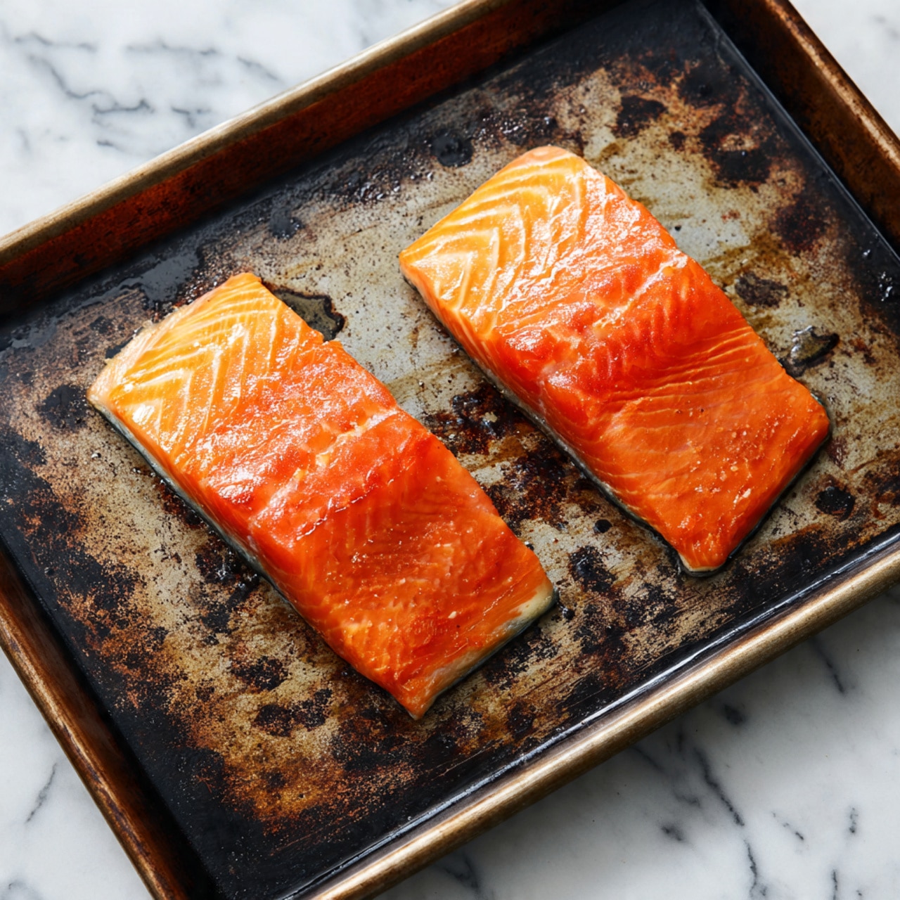 The image shows two pieces of bright orange glazed salmon fillets placed on a dark, well-worn baking tray. Each fillet is topped with a layer of roughly chopped light brown nuts that add texture and contrast to the smooth glazed surface of the salmon. The glaze on the fish is shiny and sticky looking, with small pools of the glaze around the fillets on the baking tray. The baking tray has patches of seasoning and oil stains, giving it a rustic and used look. The overall scene is simple and focuses on the fish and its nut topping on the tray, which is set against a white marbled background. photo taken with an iphone --ar 4:5 --v 7