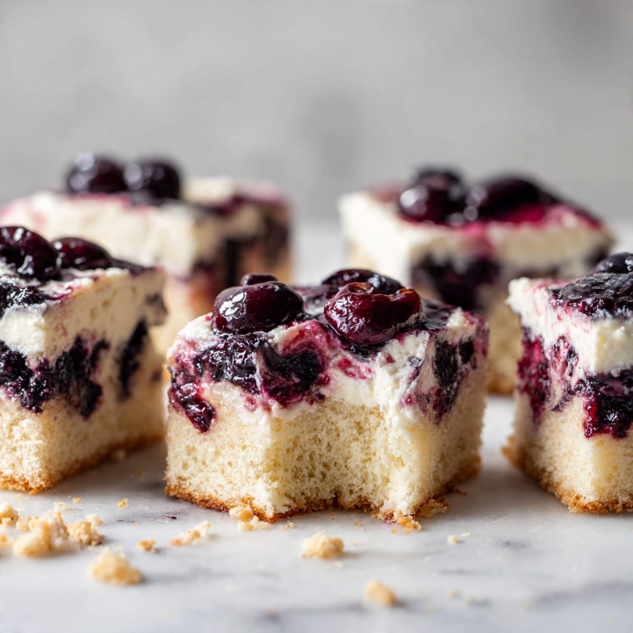 The image shows three slices of light yellow cake with dark purple berries spread inside the cake. One slice is stacked on another in the middle, showing soft, crumbly texture and a slightly golden crust on the edges. Another piece of the cake with a white creamy spread on top is placed at the bottom left corner. The background is a white marbled surface with some crumbs scattered around. Photo taken with an iphone --ar 4:5 --v 7