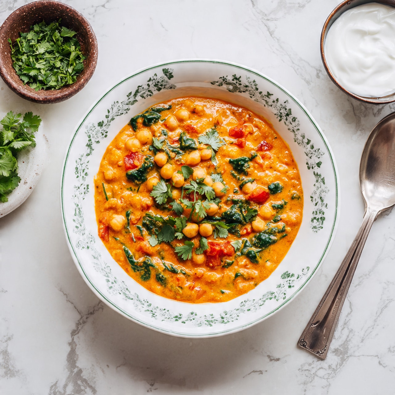 A white bowl with green floral patterns is filled with a thick, orange-colored chickpea curry. The dish has three main layers: plump, round, pale chickpeas scattered throughout; vibrant green spinach leaves mixed in unevenly; and bright red bell pepper pieces adding color contrast. Fresh cilantro leaves are sprinkled on top, adding a fresh touch, along with some pieces floating in the curry. A silver spoon rests in the bowl on the right side. The bowl is set on a white marbled surface. Photo taken with an iphone --ar 4:5 --v 7