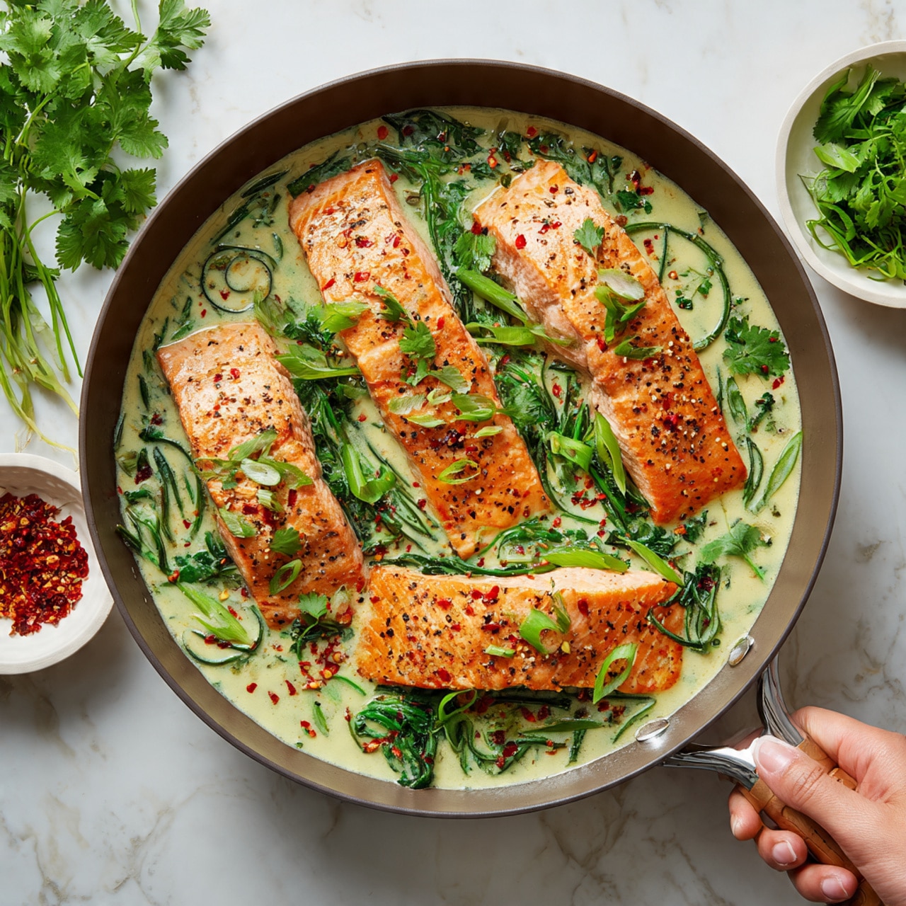 A large pan filled with four pieces of cooked salmon fillets lying on a creamy light green sauce with visible thin slices of green and red vegetables underneath. The salmon is pink-orange with a slightly crispy texture, topped with scattered red chili flakes and black pepper. There are fresh green herbs, mainly cilantro and sliced green onions, spread on top of the fish and around the sauce. Nearby, two small white bowls hold fresh cilantro leaves and red chili flakes, while a woman's hand is reaching towards the pan from the left side. The whole scene rests on a white marbled background. photo taken with an iphone --ar 4:5 --v 7