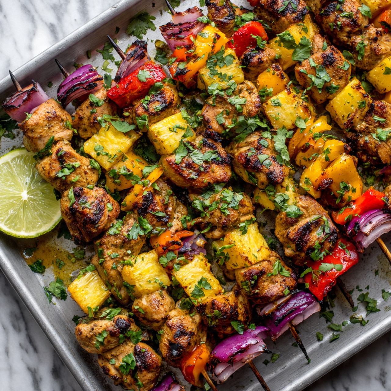 The image shows several skewers laid out closely on a large gray tray, each skewer holding a mix of grilled pieces of chicken, bright yellow and red mini bell peppers, golden grilled pineapple chunks, and pieces of purple onion. The chicken is browned with visible grill marks, adding texture and a slightly charred look. The skewers are topped with fresh green chopped cilantro scattered across all the ingredients. A wedge of lime is placed on the tray near the bottom left corner. The background is a white marbled surface. photo taken with an iphone --ar 4:5 --v 7