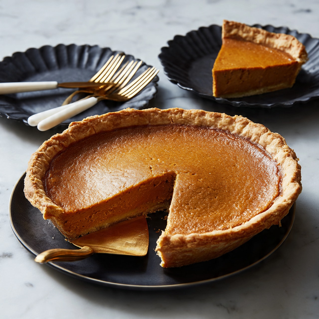 A round tart with a golden brown filling sits on a black round plate, showing a smooth and even top layer inside a fluted crust. The crust is light beige with a sturdy, slightly crumbly texture and scalloped edges. Around the tart, there are two shiny gold forks and a gold whisk resting on a white marbled surface, along with a white plate with a wavy rim and a small metal measuring scoop. The setting is simple and clean with soft, natural light highlighting the dessert’s creamy surface photo taken with an iphone --ar 4:5 --v 7