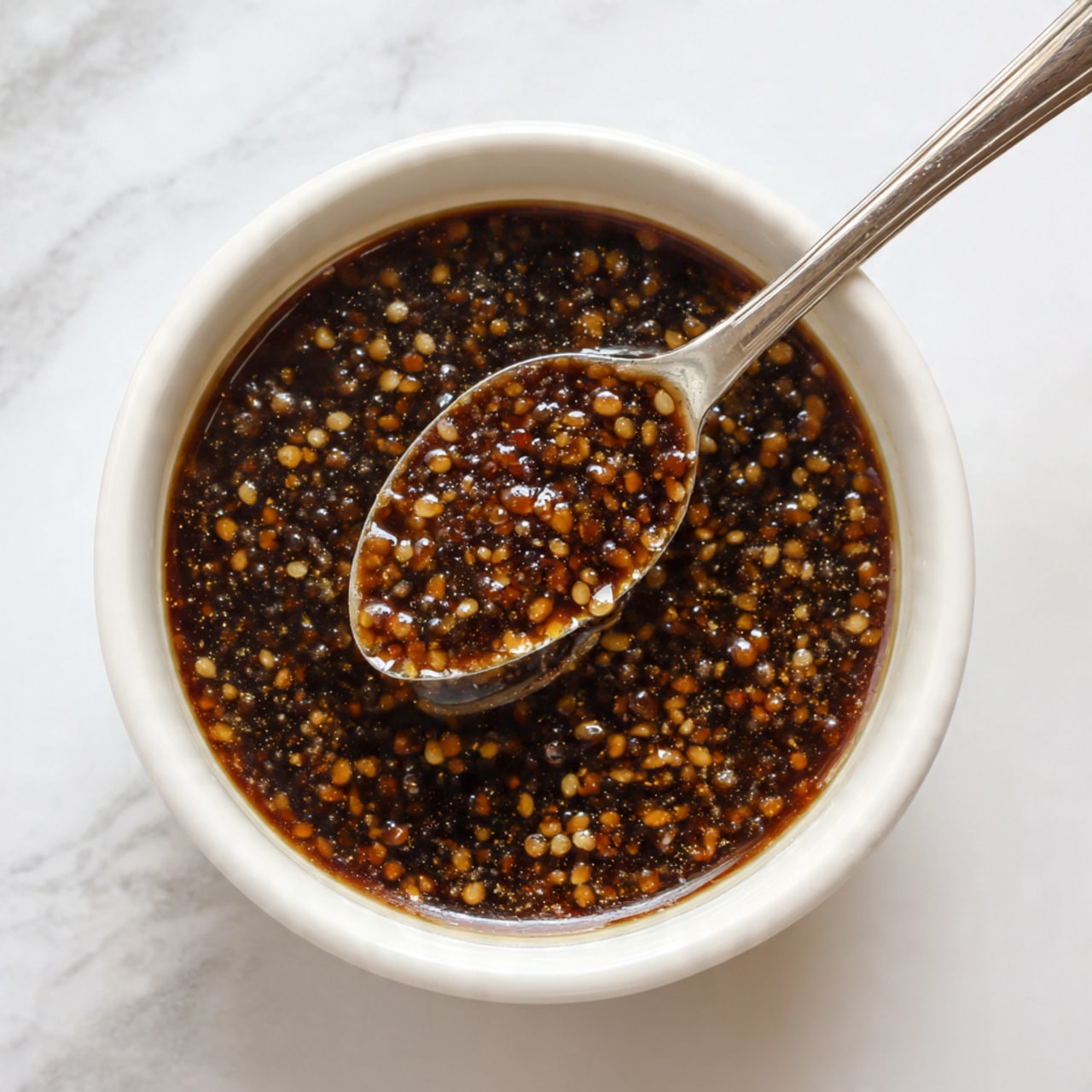 The image shows a white bowl filled with a dark brown sauce containing many small light brown and tan bits, likely minced ingredients, floating throughout. The sauce has a shiny, slightly thick surface with a visible spoon resting inside the bowl. The spoon holds some of the sauce with the bits clearly visible, reflecting a glossy texture. The bowl sits on a white marbled surface, adding a clean and simple background. photo taken with an iphone --ar 4:5 --v 7