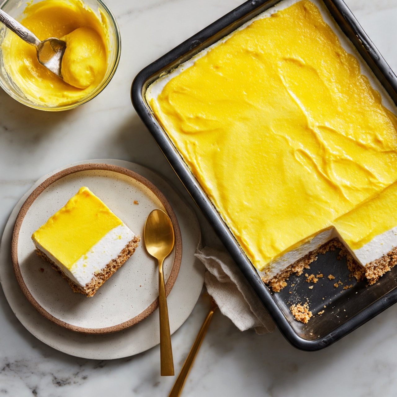 The image shows a rectangular black baking dish with a smooth, bright yellow topping spread evenly on the surface. A square piece has been taken out, revealing three layers underneath: a light brown base layer with a crumbly texture, a thick white middle layer that looks creamy, and the yellow layer on top which is glossy and smooth. Next to the baking dish is a white plate with a square piece of the dessert, showing the same three layers clearly. A gold spoon with some yellow topping rests on the white marbled surface nearby. In the background, there is a glass bowl with more yellow topping and a woman's hand holding a small spatula. Photo taken with an iphone --ar 4:5 --v 7