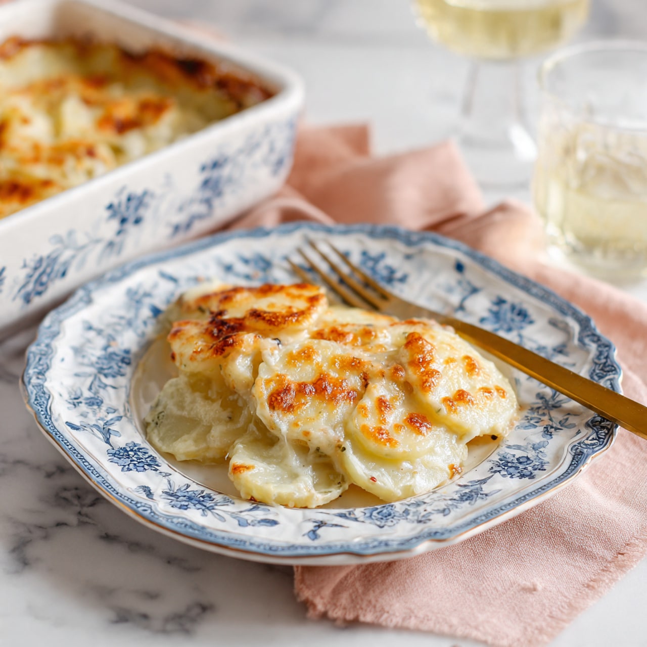 A white plate with blue floral and fruit patterns holds a serving of scalloped potatoes arranged in layers. The potatoes are thinly sliced in about 5 visible layers, with a creamy sauce and melted golden cheese covering the top and between the potato layers. The edges are slightly browned, showing a baked texture. Nearby, there is a white rectangular baking dish filled with more scalloped potatoes, showing the same golden cheese topping with a few browned spots. Next to the plate, there is a clear glass of light yellow liquid and a gold fork resting on a soft pink cloth, all set on a white marbled surface. photo taken with an iphone --ar 4:5 --v 7