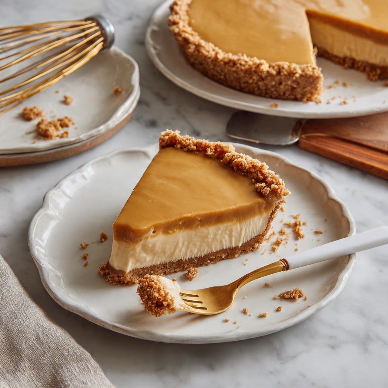 A round pie with a smooth light brown filling and a light golden crust with a crimped edge sits on a dark plate placed on a white marbled surface. One slice is lifted slightly out from the pie by a golden pie server, showing the filling’s even texture and the crust’s thickness. Nearby on the surface are two dark plates with scalloped edges and three gold forks with white handles arranged in front of them. The scene has soft lighting highlighting the glossy filling. photo taken with an iphone --ar 4:5 --v 7