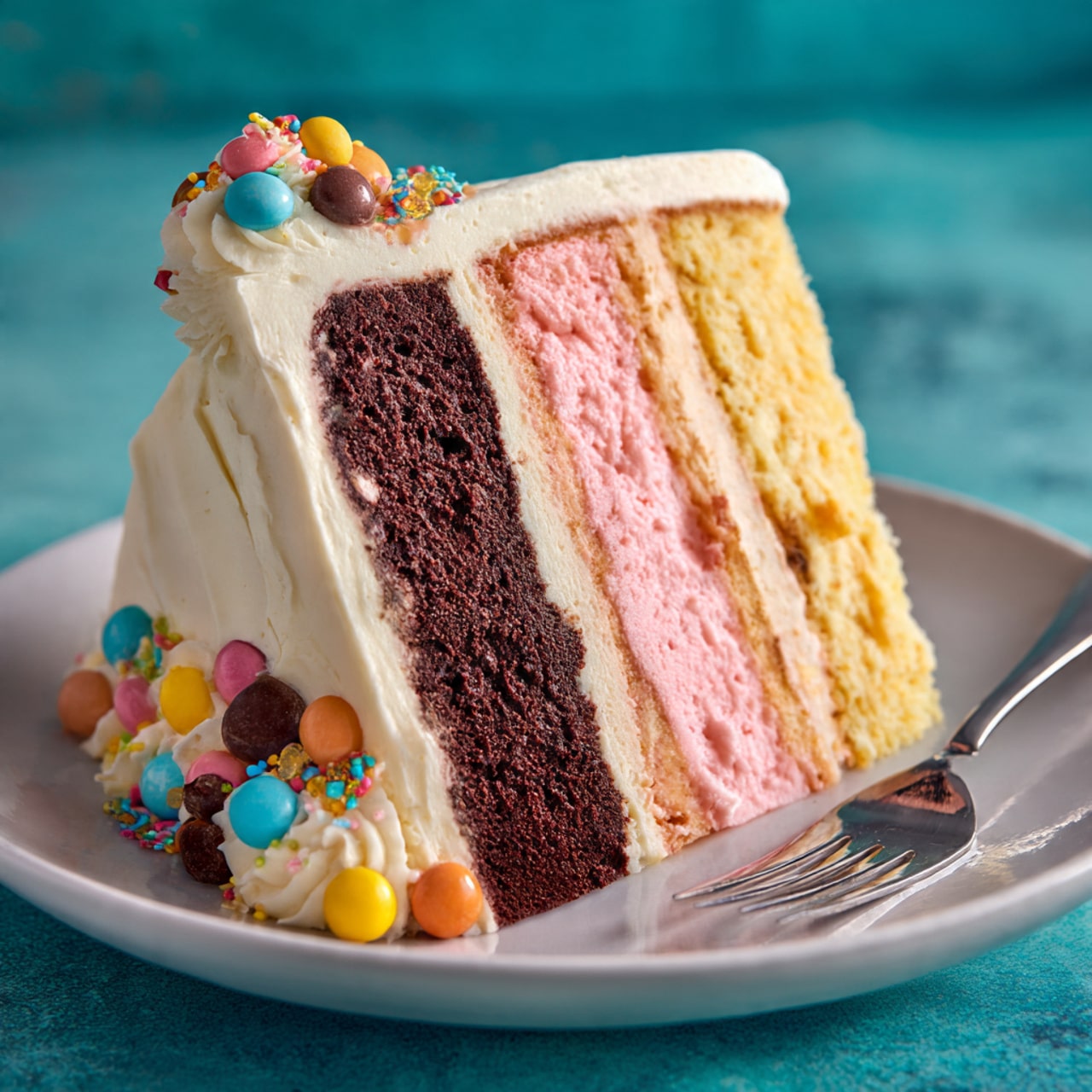 A slice of three-layer cake on a white plate sits against a turquoise background. The cake has three thick layers: a dark brown layer at the back, a pink layer in the middle, and a light yellow layer in front. Each layer is separated by thin white frosting. The outside frosting is creamy white and decorated on the side with colorful candy pieces including small round candy, chocolate pieces, and sprinkles. A silver fork rests on the plate near the cake. The photo taken with an iphone --ar 4:5 --v 7
