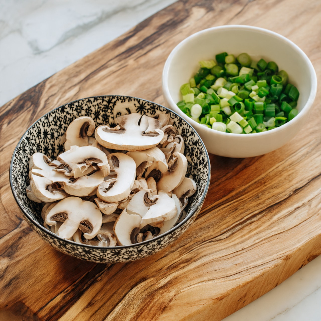 The image shows two bowls placed on a wooden surface with a white marbled background. The first bowl is white with a dark patterned outer side and is filled with sliced mushrooms that have white flesh and light brown edges. The second bowl is also white and contains finely chopped green onions, adding bright green color to the scene. The arrangement highlights the fresh ingredients in simple bowls. Photo taken with an iphone --ar 4:5 --v 7