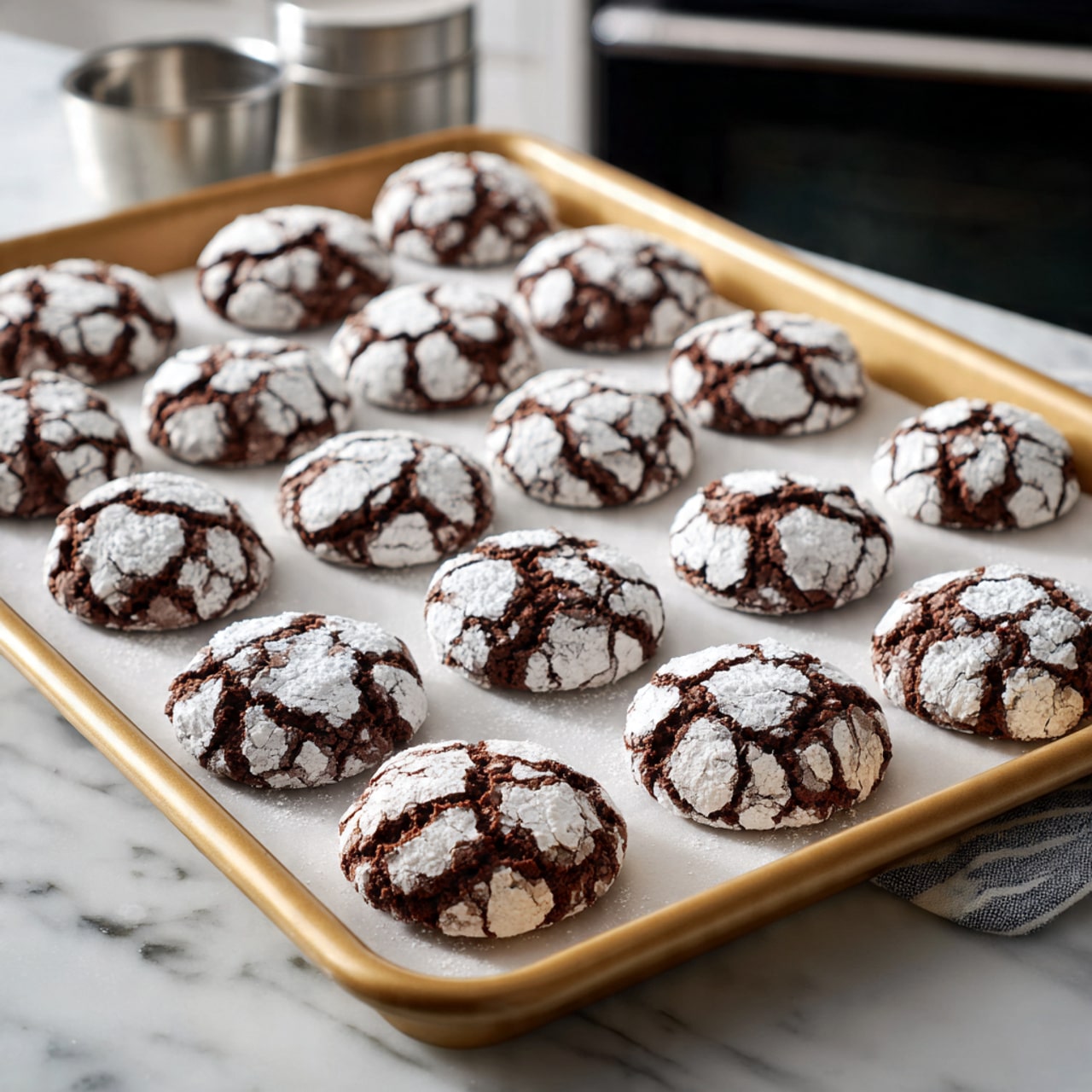 The image shows a clear glass plate with ridges filled with several round chocolate crinkle cookies. Each cookie has a dark brown, cracked surface covered with a thick layer of white powdered sugar that highlights the cracks and creases. The cookies are stacked closely together in the center of the plate, giving a full and textured look. The background is dark with some green and red blurred plant parts, and the plate is placed on a white marbled surface with a bit of a red and gray checkered cloth showing at the bottom edge. Photo taken with an iphone --ar 4:5 --v 7