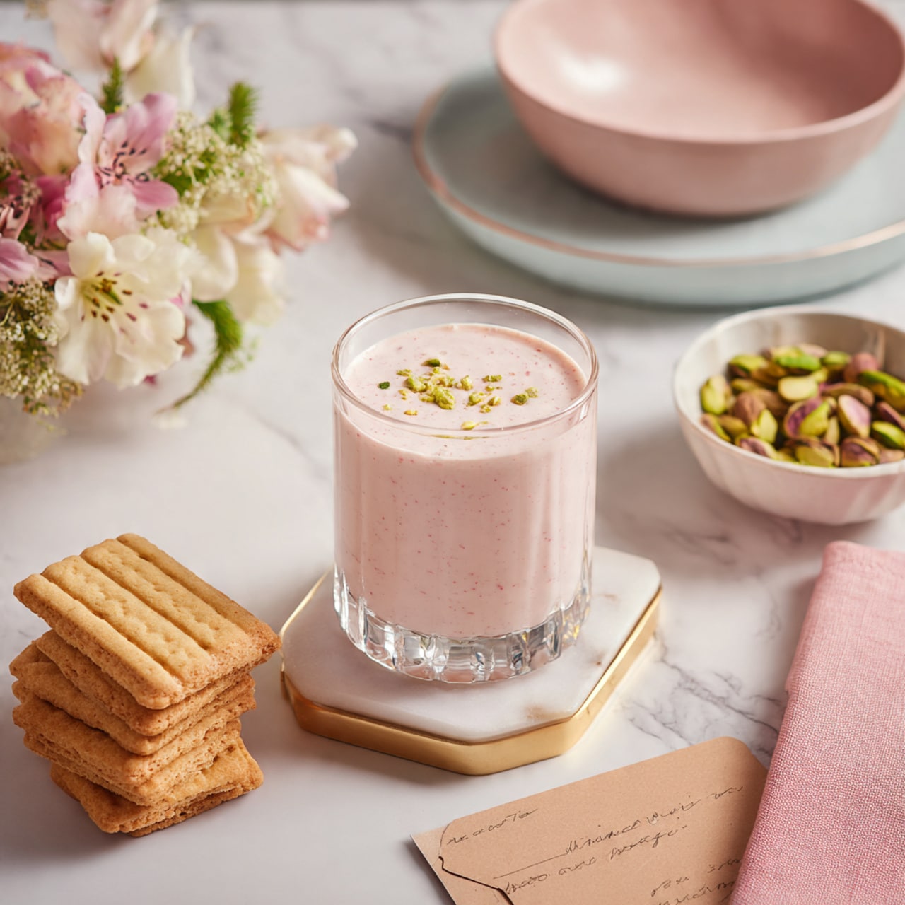 A clear glass mug with a handle filled with light pink creamy drink topped with a light sprinkle of spices. The mug is placed on a white stone coaster with gold edges. In the blurred background on a white marbled surface, there is a white bowl with green chopped nuts, a white cup with gold handles and golden designs, and a white bowl with pink and white contents. photo taken with an iphone --ar 4:5 --v 7