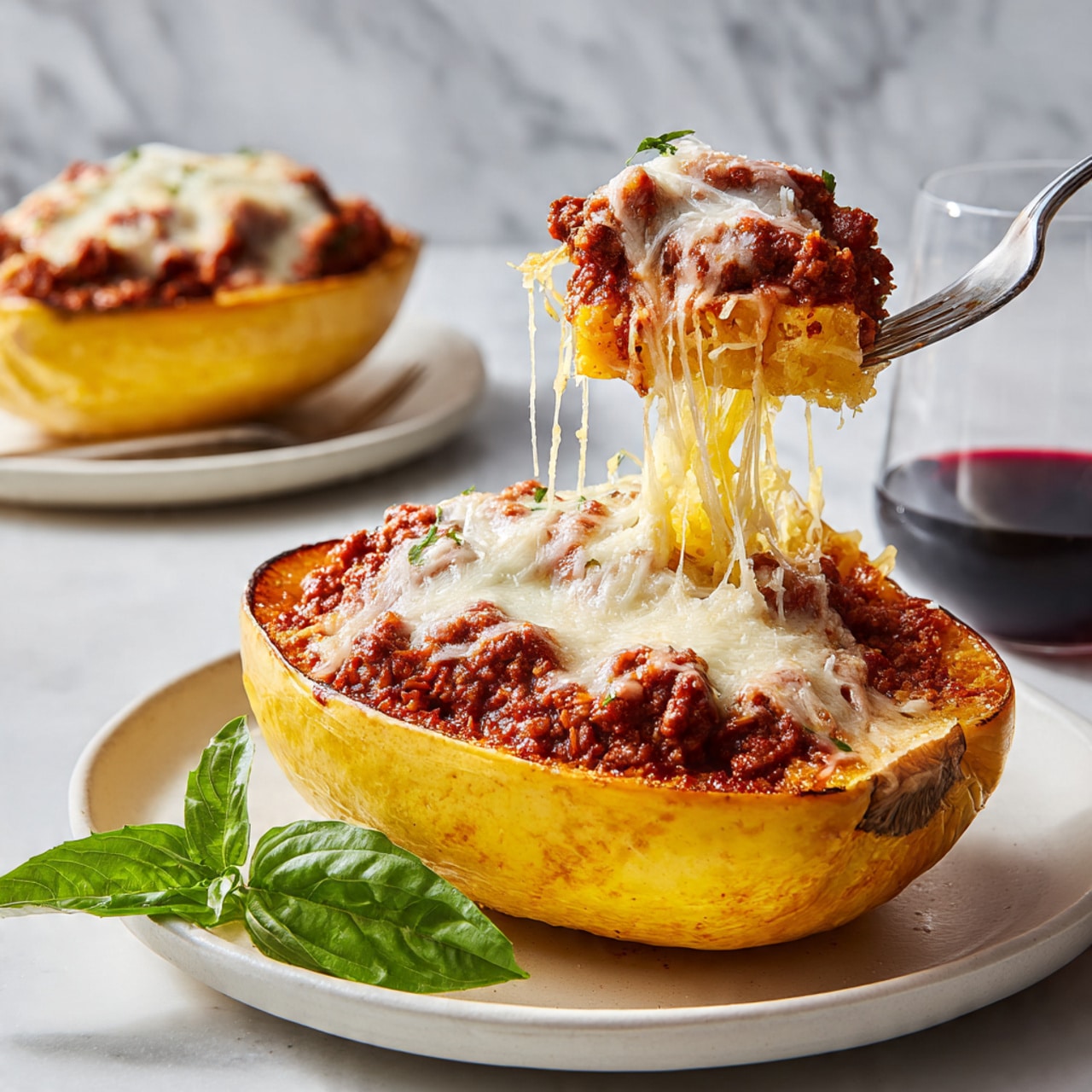 A large stuffed spaghetti squash half sits on a white plate over a white marbled surface. The squash is hollowed and filled with a layer of chunky reddish-brown meat sauce, topped with a thick, bubbly layer of melted white cheese that spills over the edges. A fork lifts a square piece from the center, pulling long strings of melted cheese up in midair. A fresh green basil leaf rests on the plate next to the squash. In the background, a glass of dark red wine and another white plate with more stuffed squash are out of focus. photo taken with an iphone --ar 4:5 --v 7