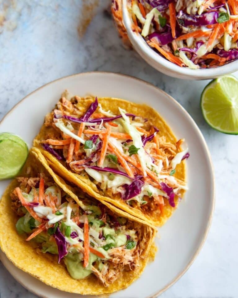 Mahi Mahi Fish Tacos with Avocado Crema and Carrot Coleslaw Recipe
