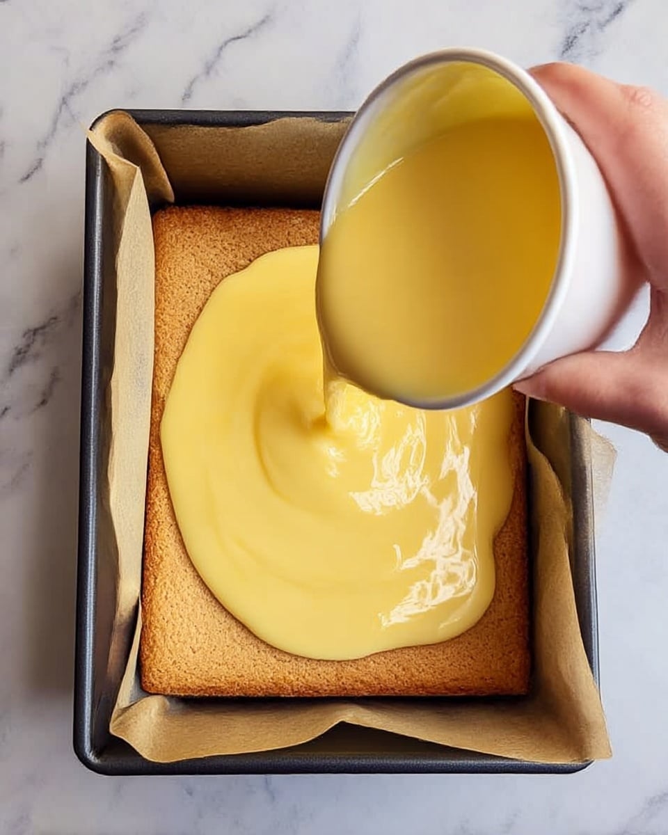 A square cake base with a light brown, slightly rough texture is placed inside a baking pan lined with parchment paper. Thick, smooth, yellow custard is being poured over the center of the cake, creating a shiny, creamy layer that spreads outward. The scene is set against a white marbled surface, and a woman's hand is holding the container of custard from the top right corner. Photo taken with an iphone --ar 4:5 --v 7
