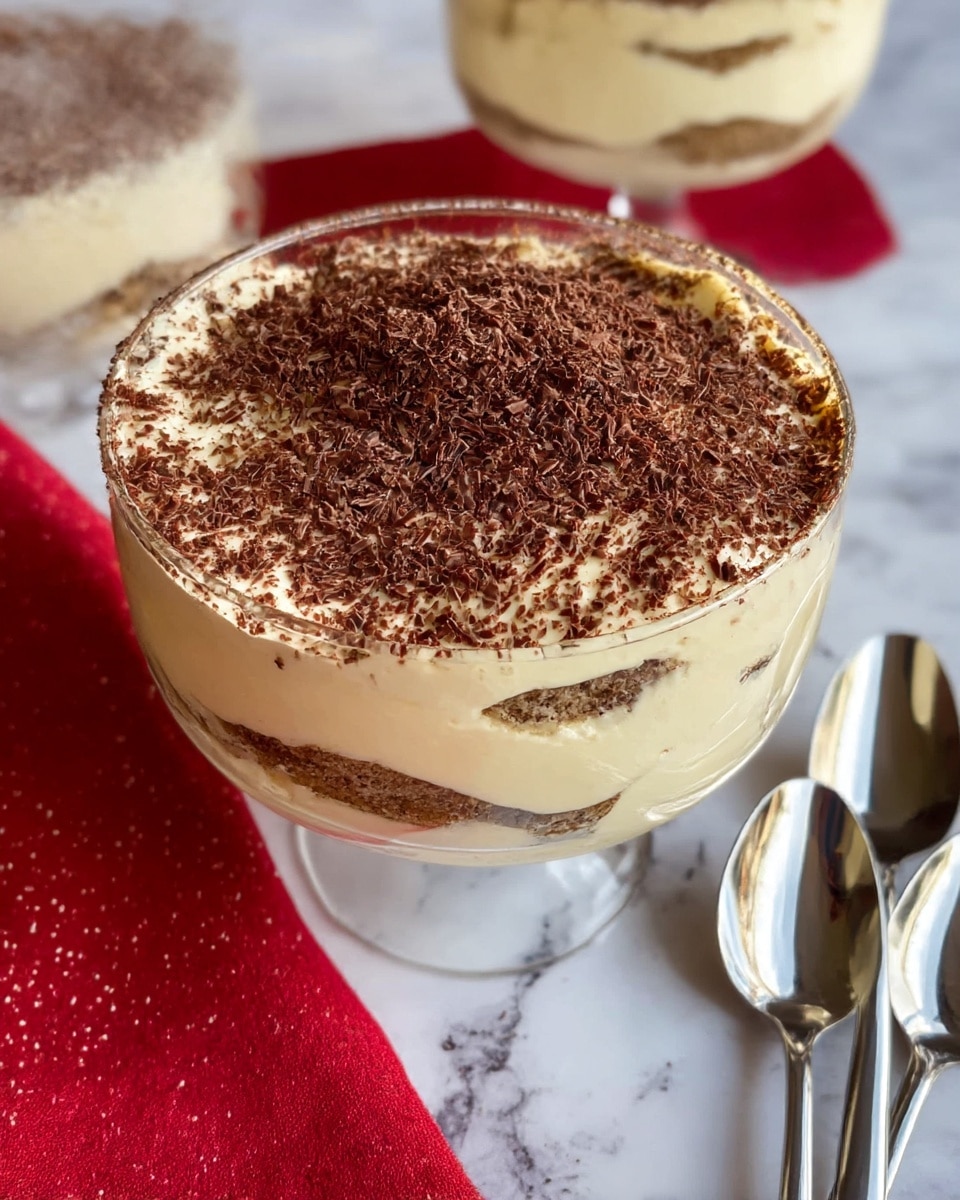 A clear glass bowl shows a creamy dessert with three visible layers: the bottom layer is a pale cream base, the middle layer has a light brown soaked sponge texture mixed with cream, and the top layer is thick and creamy pale yellow, dusted with a generous layer of fine dark brown chocolate shavings. The bowl sits on a white marbled surface with a red cloth and two shiny silver spoons on the side. Another similar dessert bowl is blurred in the background. Photo taken with an iphone --ar 4:5 --v 7
