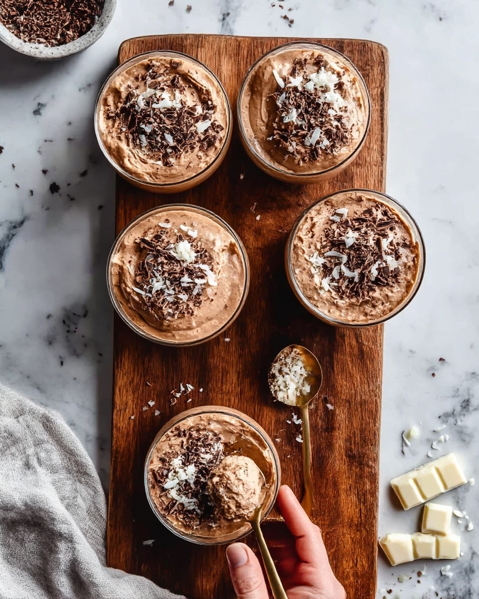 The image shows a clear glass bowl filled with a light brown, creamy mousse-like dessert topped with dark chocolate shavings and white coconut flakes. The dessert has a smooth, fluffy texture with a small portion scooped out in the center, revealing the airy inside. In the background, two more similar glass bowls filled with the same dessert are slightly out of focus, sitting on a wooden surface. A spoonful of the mousse is visible at the front edge of the wooden board. The setting includes a white marbled texture beneath the wooden board. Photo taken with an iphone --ar 4:5 --v 7