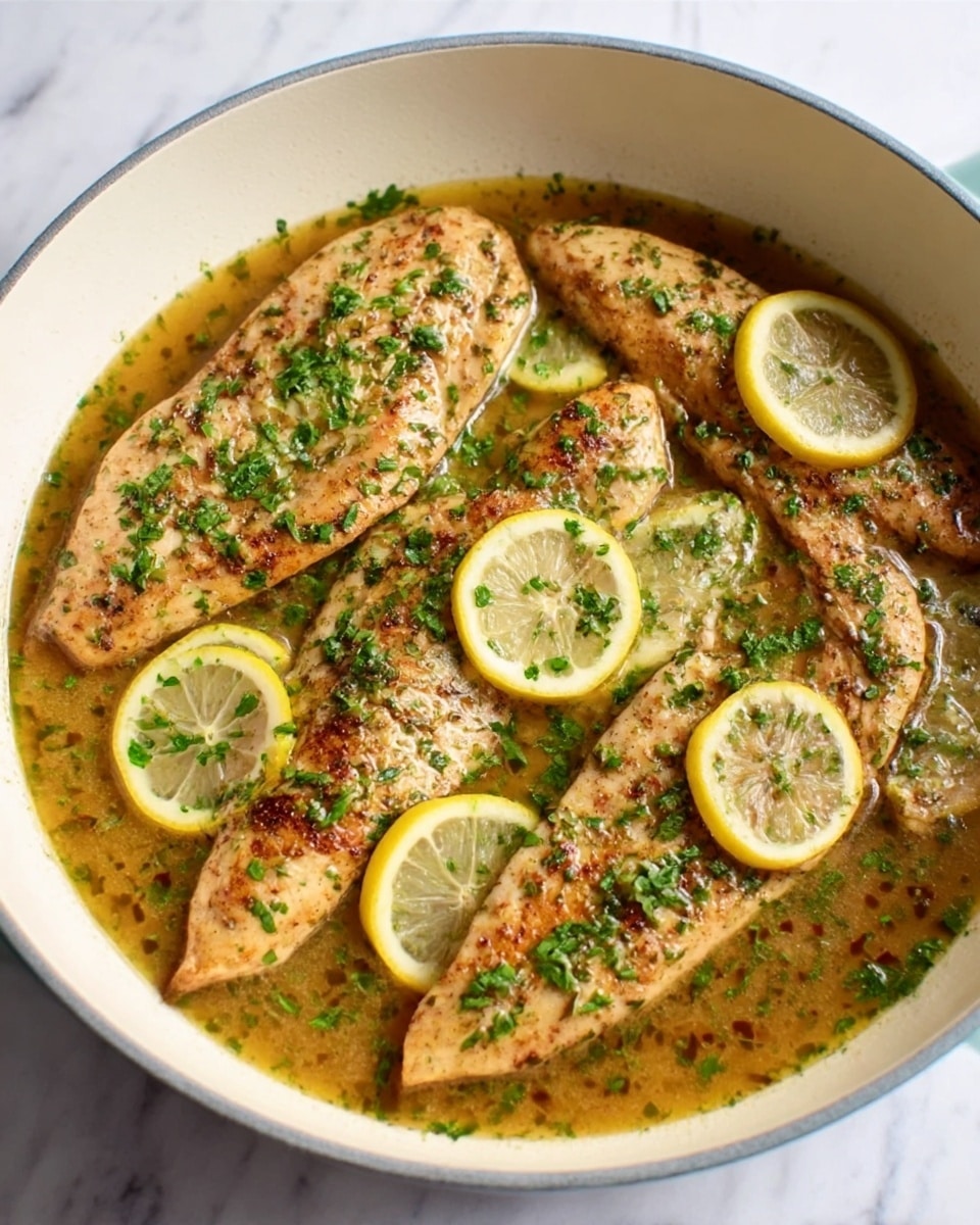Inside a large white pan with yellow handles, there are four light brown cooked fish fillets placed on top of a thin layer of light brown sauce. Thin yellow lemon slices are scattered around and under the fillets. The fillets are sprinkled with green chopped herbs, giving a fresh look. A soft blue cloth is placed to the side on the white marbled surface. photo taken with an iphone --ar 4:5 --v 7