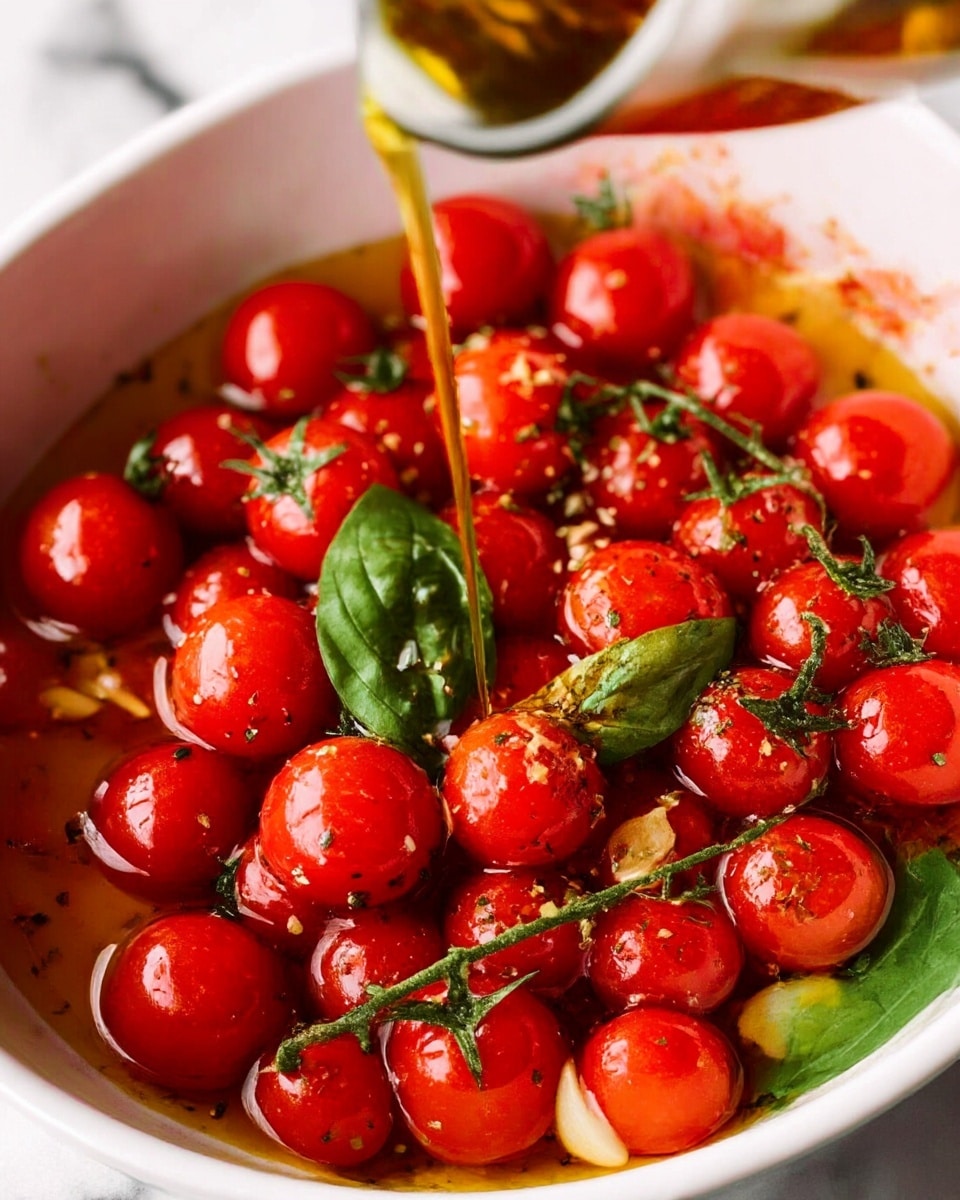 A golden-brown rustic galette with a rough textured crust surrounds bright red roasted cherry tomatoes still on the vine placed on top. Inside the crust, there is a layer of creamy white cheese, soft and slightly lumpy, spread unevenly. Scattered green fresh basil leaves and thinly sliced basil ribbons are placed around the cheese and tomatoes, adding a fresh contrast. The galette sits on a white marbled surface lined with parchment paper. Photo taken with an iphone --ar 4:5 --v 7
