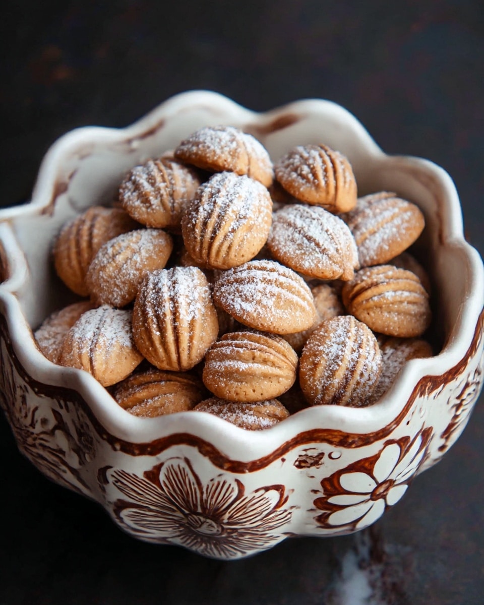 A dark brown star-shaped plate with white icing decorations sits on a white marbled surface, holding many small round cookies shaped like walnuts. The cookies have a light golden brown shell, some dusted with white powdered sugar. One cookie is open, showing a sticky dark caramel-like filling inside. The background has a soft beige fabric, adding a cozy feel to the scene. Photo taken with an iphone --ar 4:5 --v 7